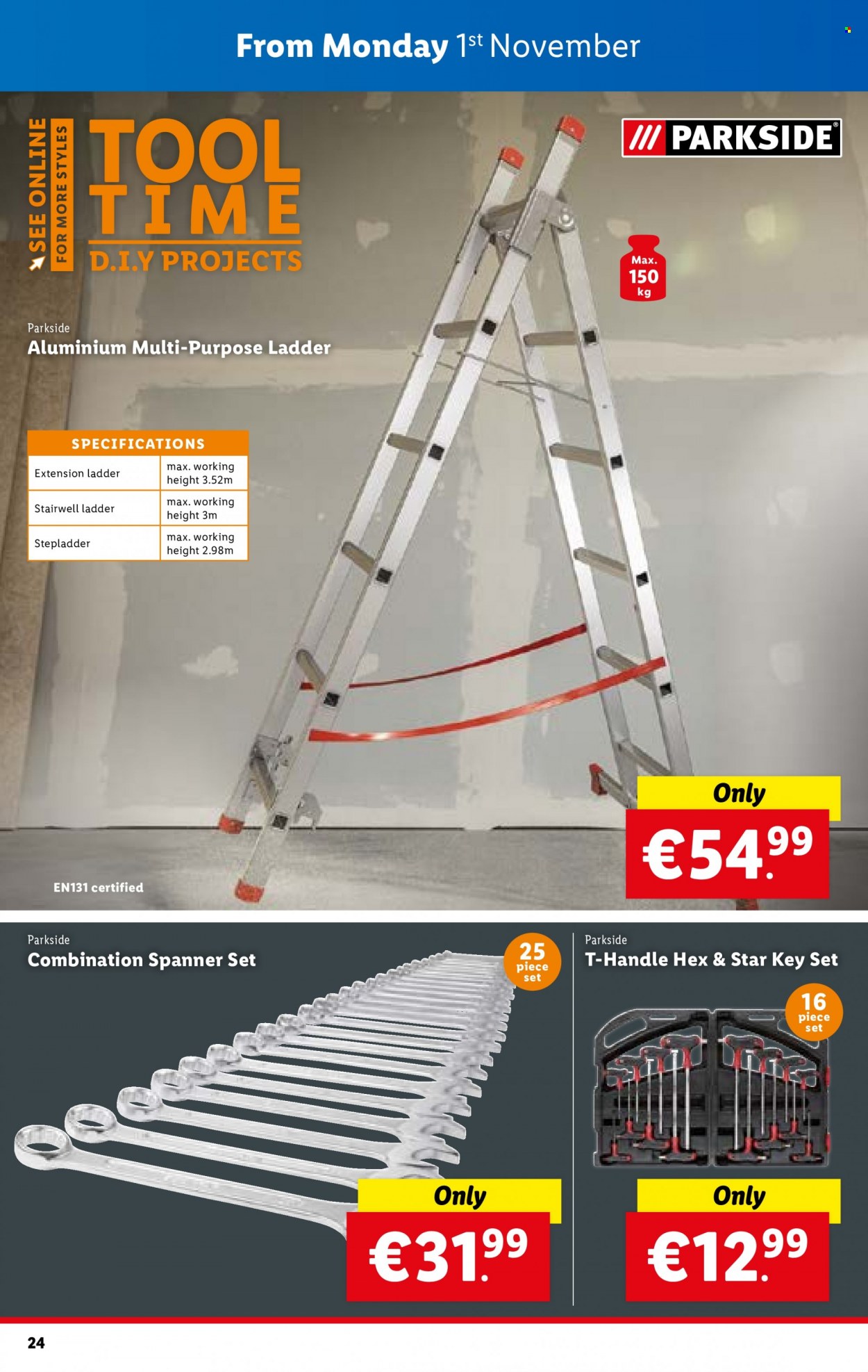thumbnail - Lidl offer  - 28.10.2021 - 03.11.2021 - Sales products - ladder, stepladder, Parkside, spanner. Page 24.