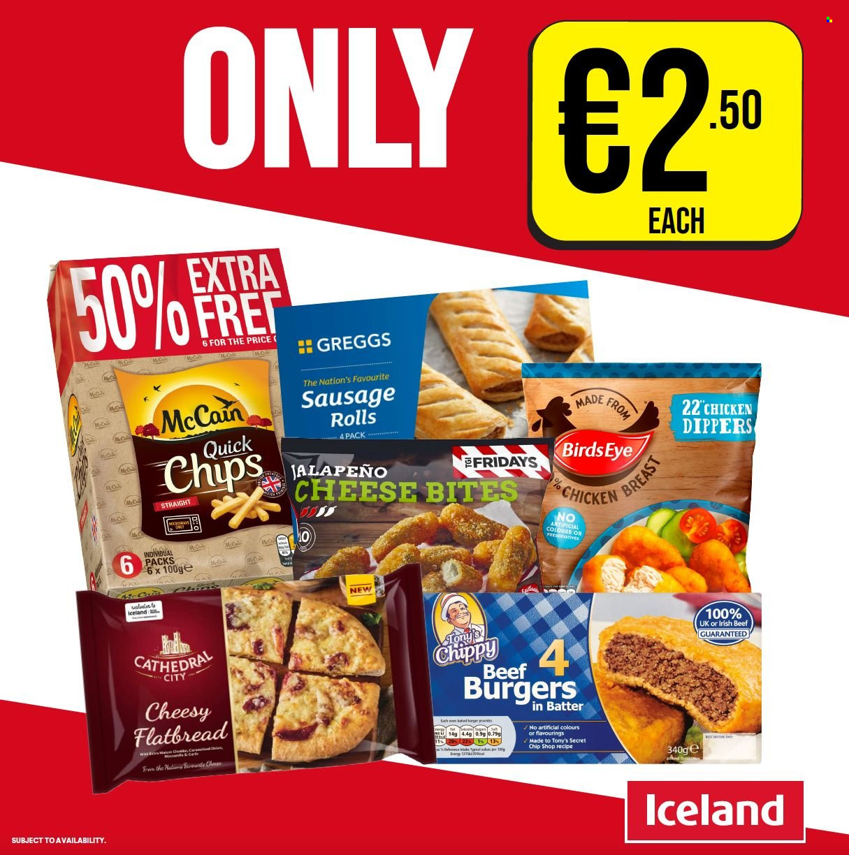 thumbnail - Iceland offer  - Sales products - sausage rolls, flatbread, jalapeño, hamburger, Bird's Eye, sausage, cheese, chicken dippers, McCain, chips. Page 5.