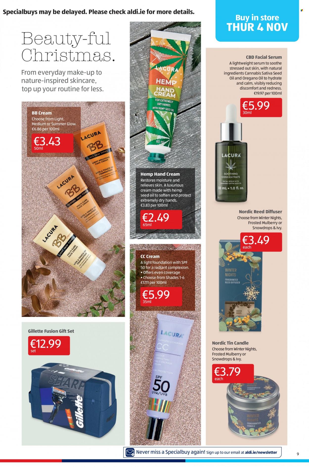 thumbnail - Aldi offer  - 04.11.2021 - 10.11.2021 - Sales products - gift set, serum, hand cream, Gillette, candle, diffuser, makeup, shades. Page 9.