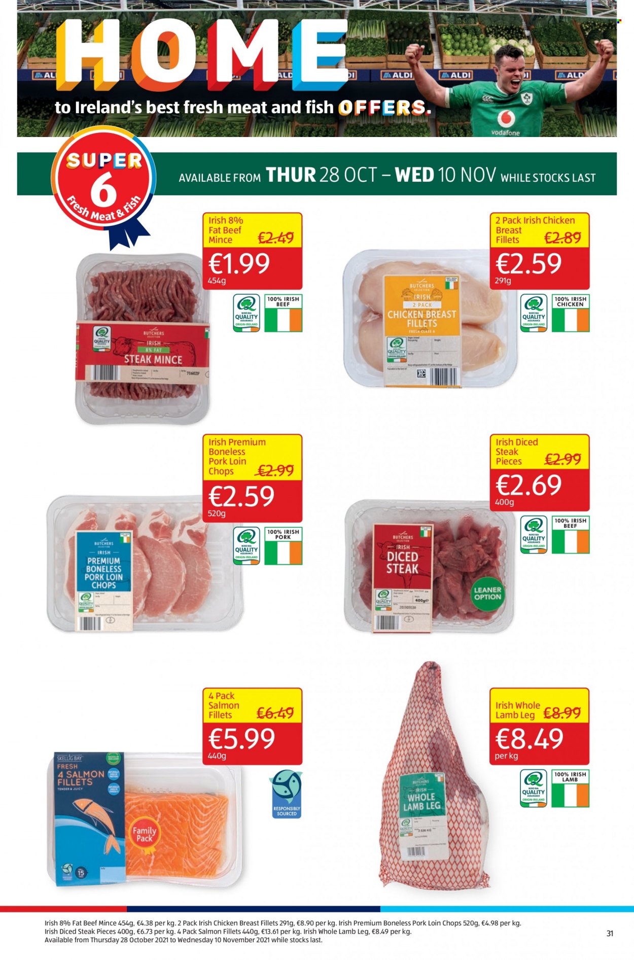 thumbnail - Aldi offer  - 04.11.2021 - 10.11.2021 - Sales products - salmon, salmon fillet, chicken breasts, beef meat, ground beef, steak, pork chops, pork loin, pork meat, lamb meat, whole lamb, lamb leg. Page 31.