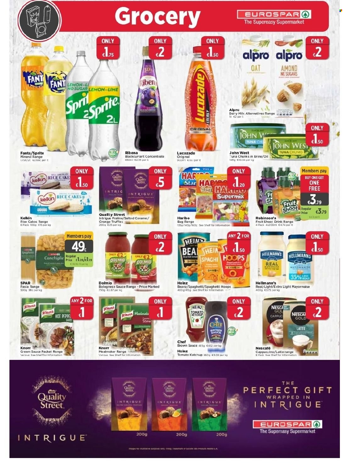 EUROSPAR offer  - 21.10.2021 - 10.11.2021 - Sales products - tuna, spaghetti, pasta, Knorr, sauce, Alpro, milk, mayonnaise, Hellmann’s, Haribo, truffles, Heinz, rice, ketchup, brown sauce, oil, Sprite, Fanta, Lucozade, cappuccino. Page 4.