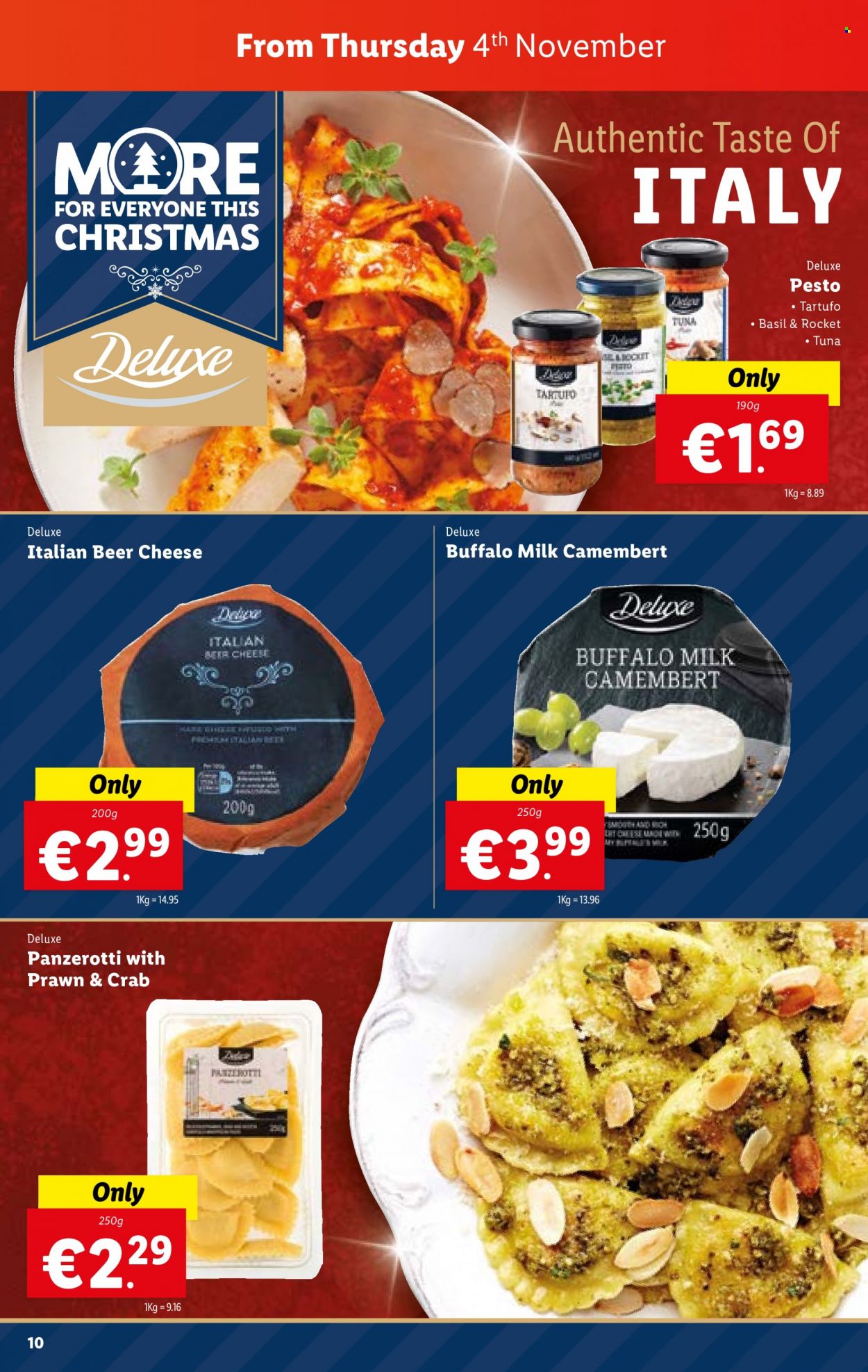 thumbnail - Lidl offer  - 04.11.2021 - 10.11.2021 - Sales products - rocket, tuna, prawns, crab, camembert, cheese, milk, esponja, pesto, beer. Page 10.