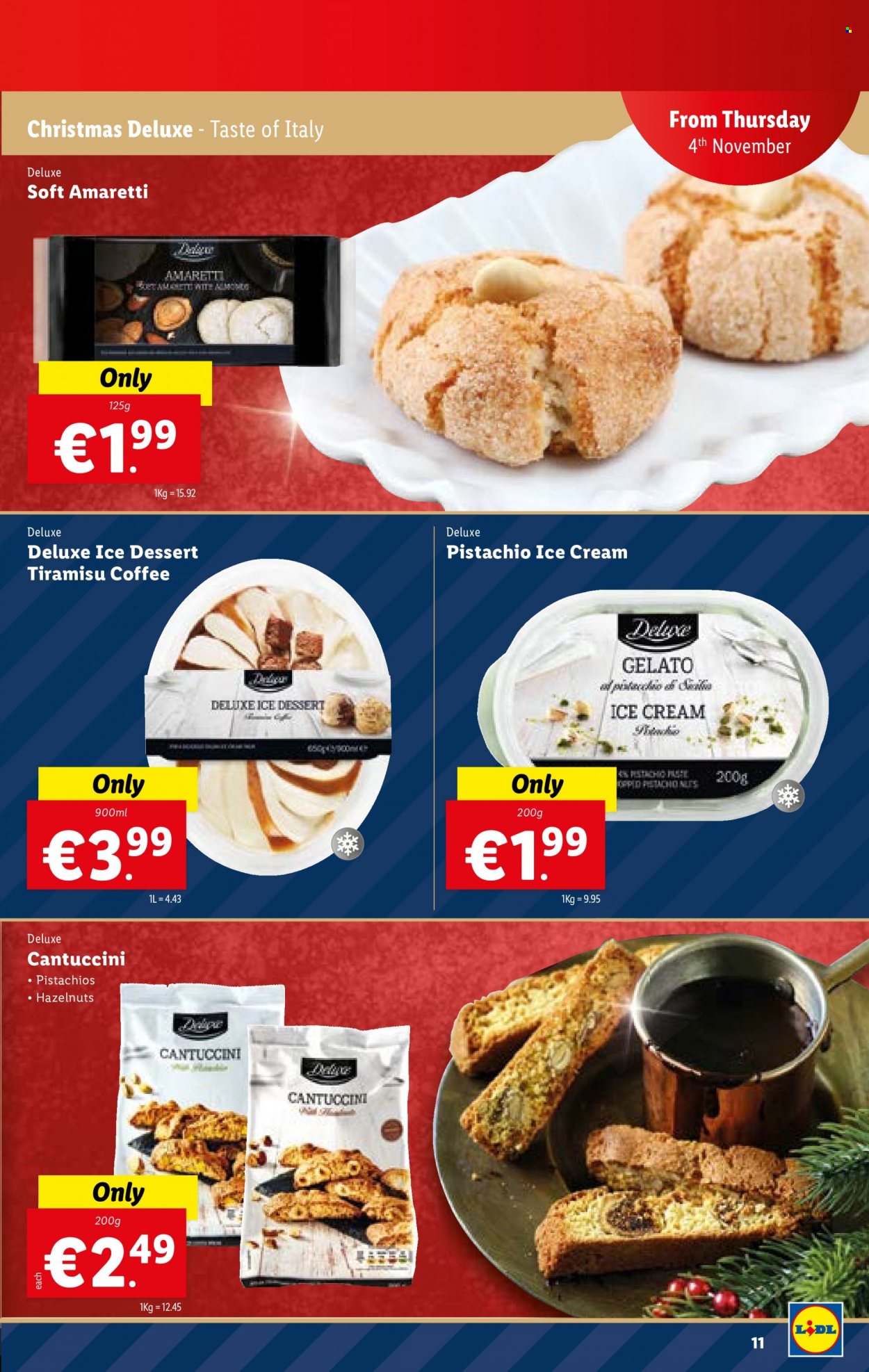thumbnail - Lidl offer  - 04.11.2021 - 10.11.2021 - Sales products - tiramisu, ice cream, gelato, Amaretti, hazelnuts, pistachios, coffee. Page 11.