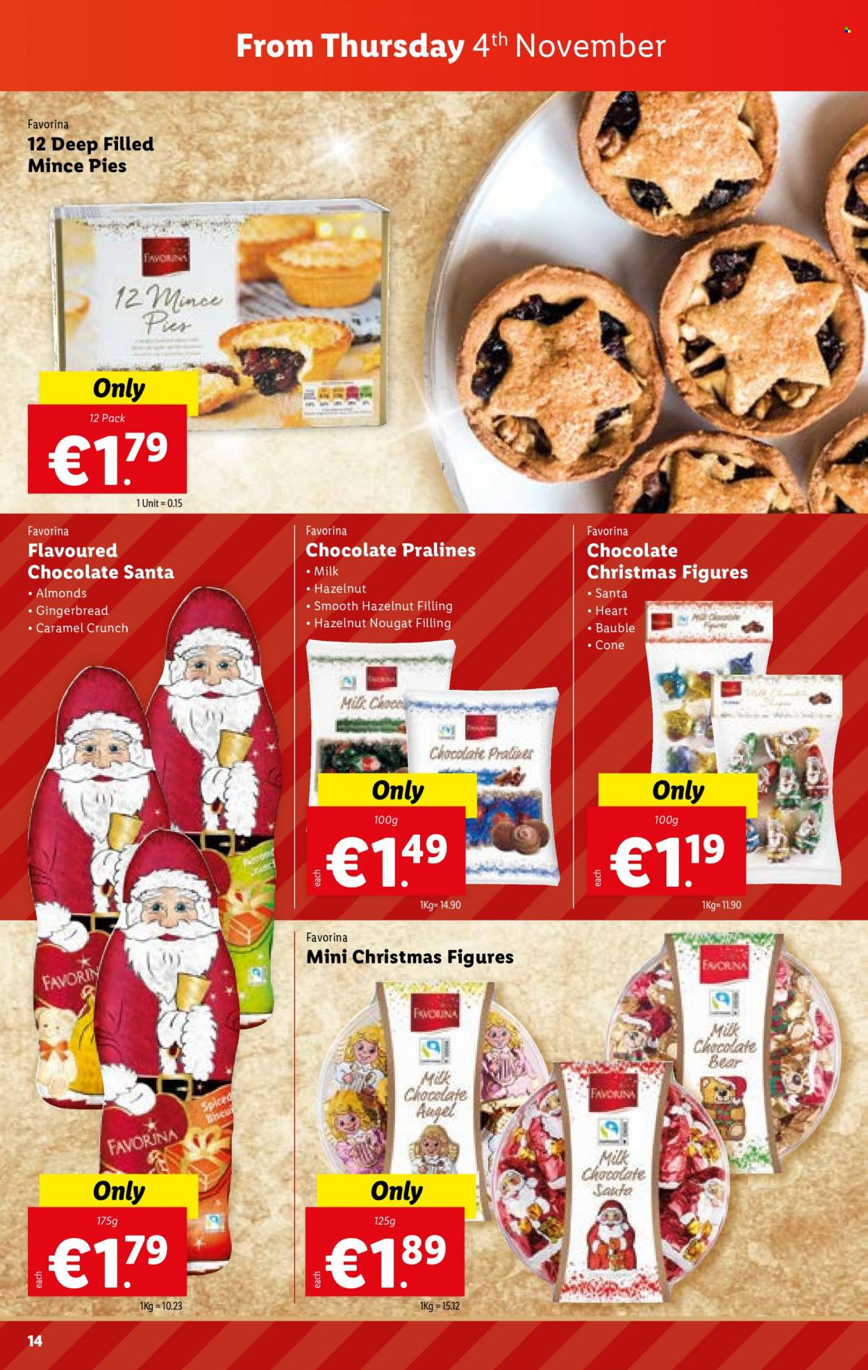 thumbnail - Lidl offer  - 04.11.2021 - 10.11.2021 - Sales products - Santa Claus, bauble, gingerbread, milk chocolate, pralines, chocolate, Santa, caramel, almonds. Page 14.