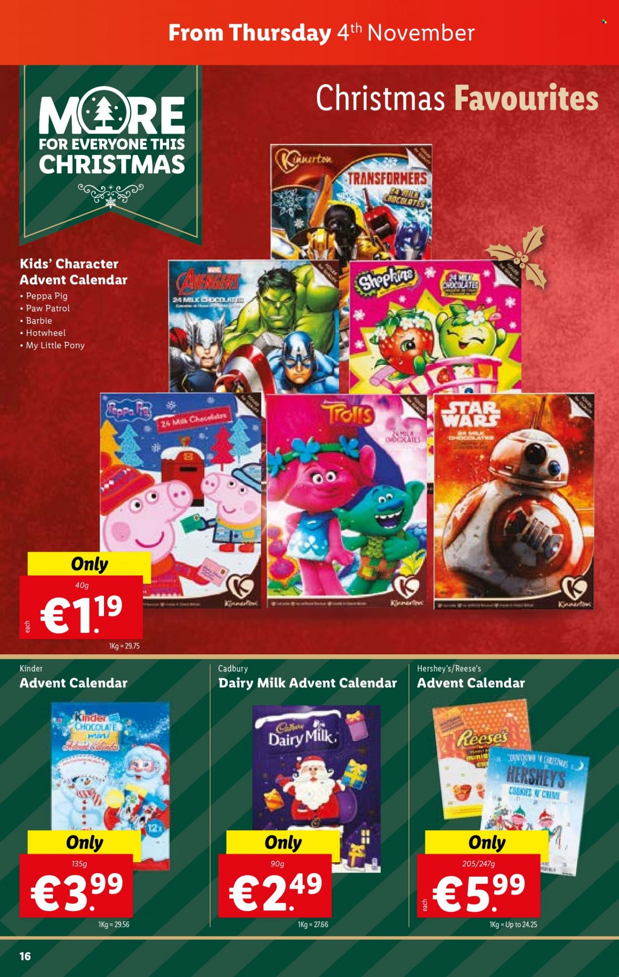 thumbnail - Lidl offer  - 04.11.2021 - 10.11.2021 - Sales products - advent calendar, Reese's, Hershey's, Paw Patrol, chocolate, Cadbury, Dairy Milk, Barbie, calendar, My Little Pony. Page 16.