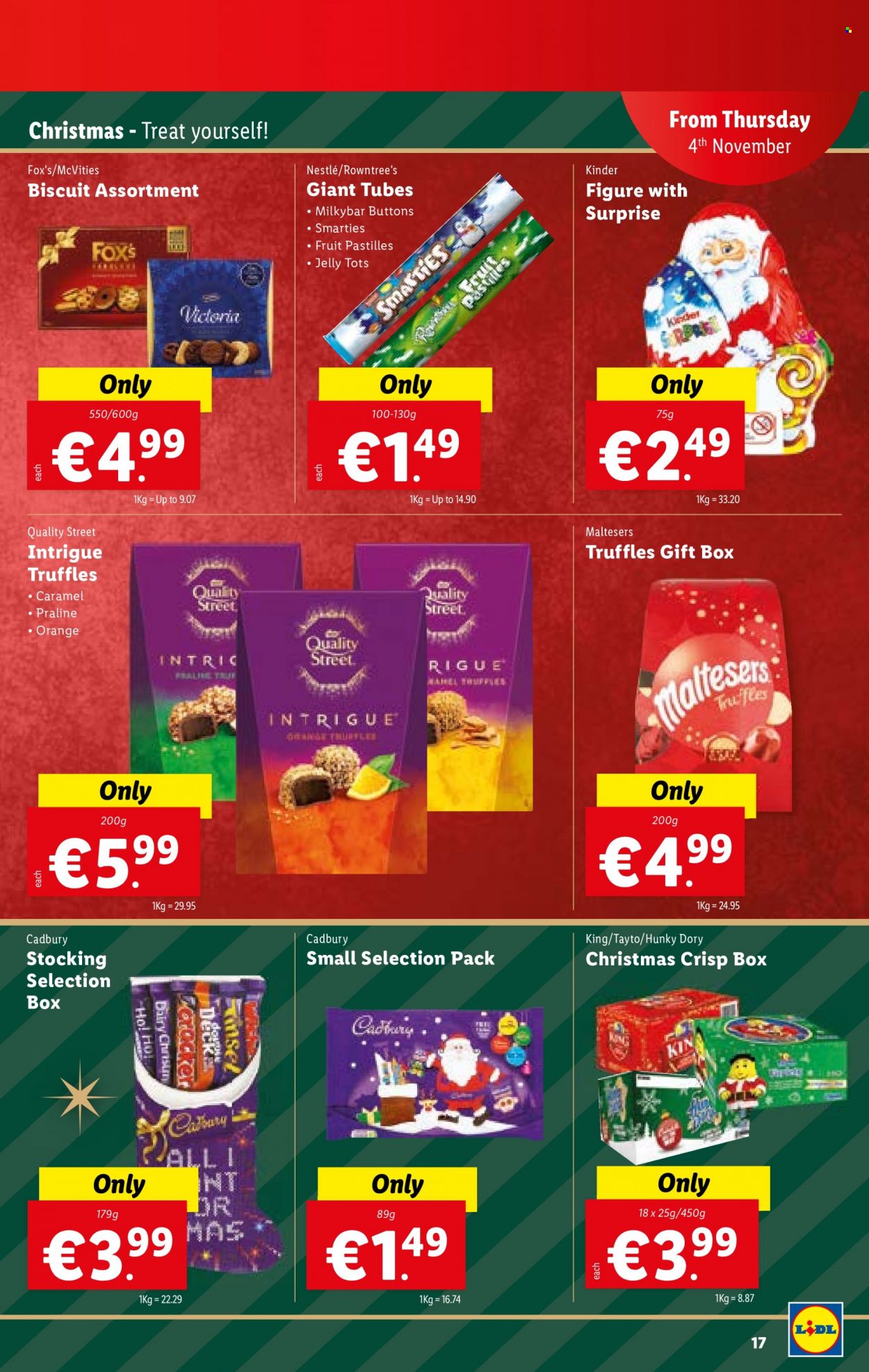 thumbnail - Lidl offer  - 04.11.2021 - 10.11.2021 - Sales products - oranges, Nestlé, Smarties, truffles, jelly, biscuit, Maltesers, Cadbury, Milkybar, pastilles, Victoria Sponge, Tayto, caramel, gift box. Page 17.