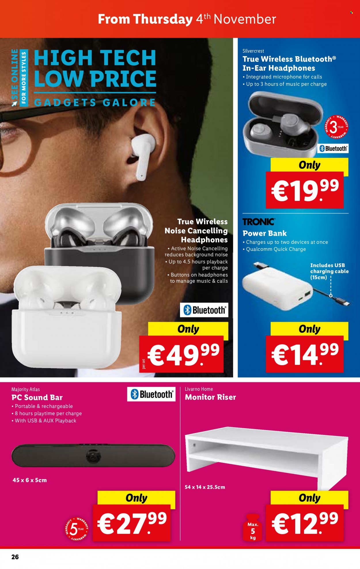 thumbnail - Lidl offer  - 04.11.2021 - 10.11.2021 - Sales products - SilverCrest, power bank, monitor, sound bar, microphone, headphones. Page 26.