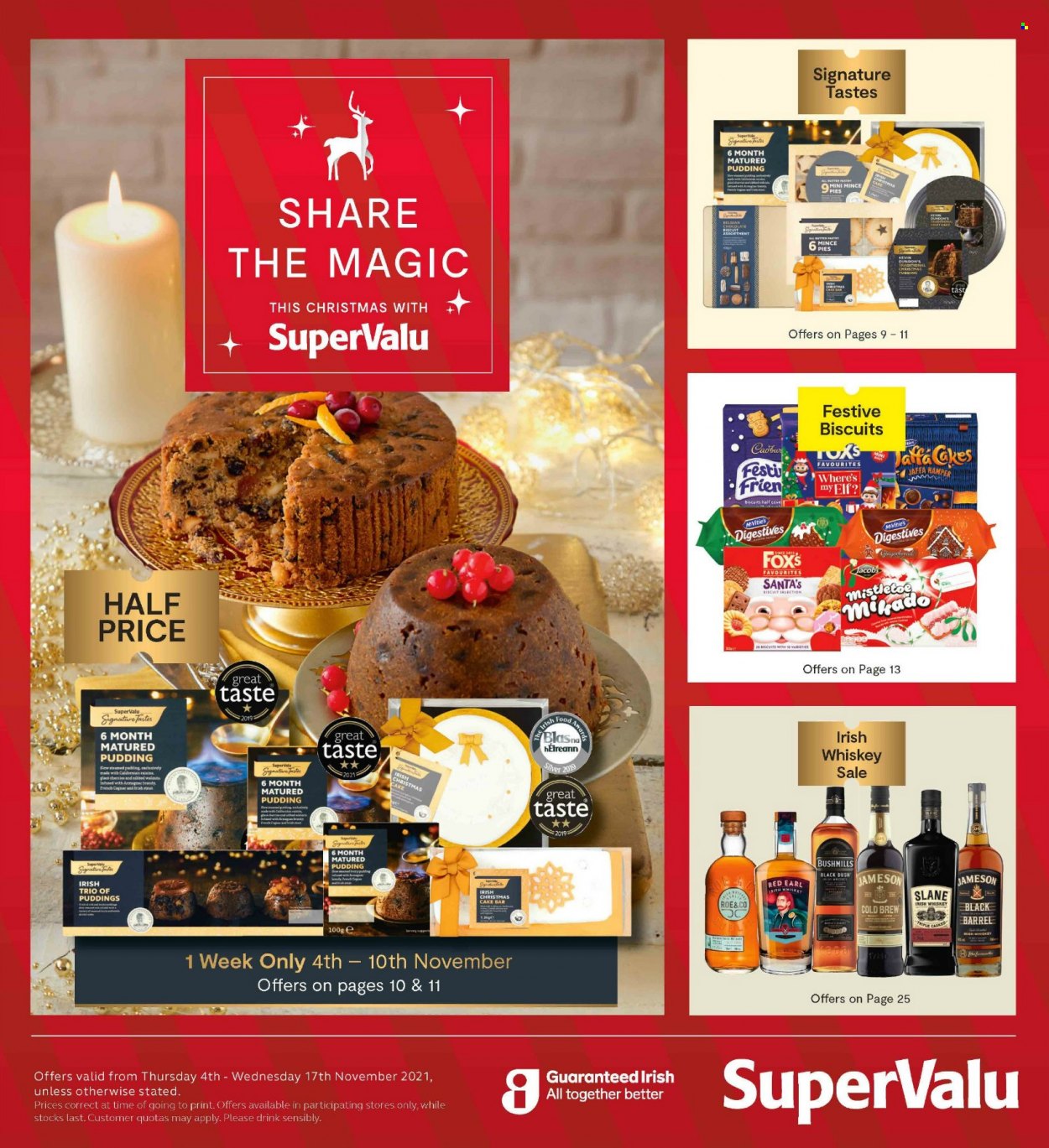 thumbnail - SuperValu offer  - 04.11.2021 - 17.11.2021 - Sales products - cake, christmas cake, pudding, biscuit, Santa, Jacobs, whiskey, irish whiskey, Jameson, whisky. Page 1.