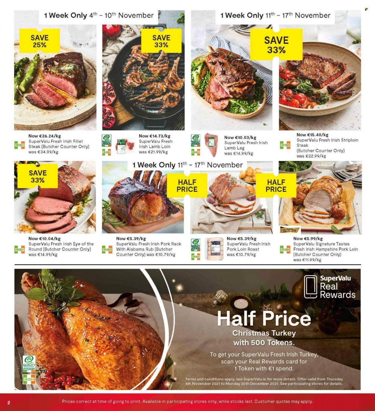 thumbnail - SuperValu offer  - 04.11.2021 - 17.11.2021 - Sales products - steak, pork loin, pork meat, lamb loin, lamb meat, lamb leg. Page 2.