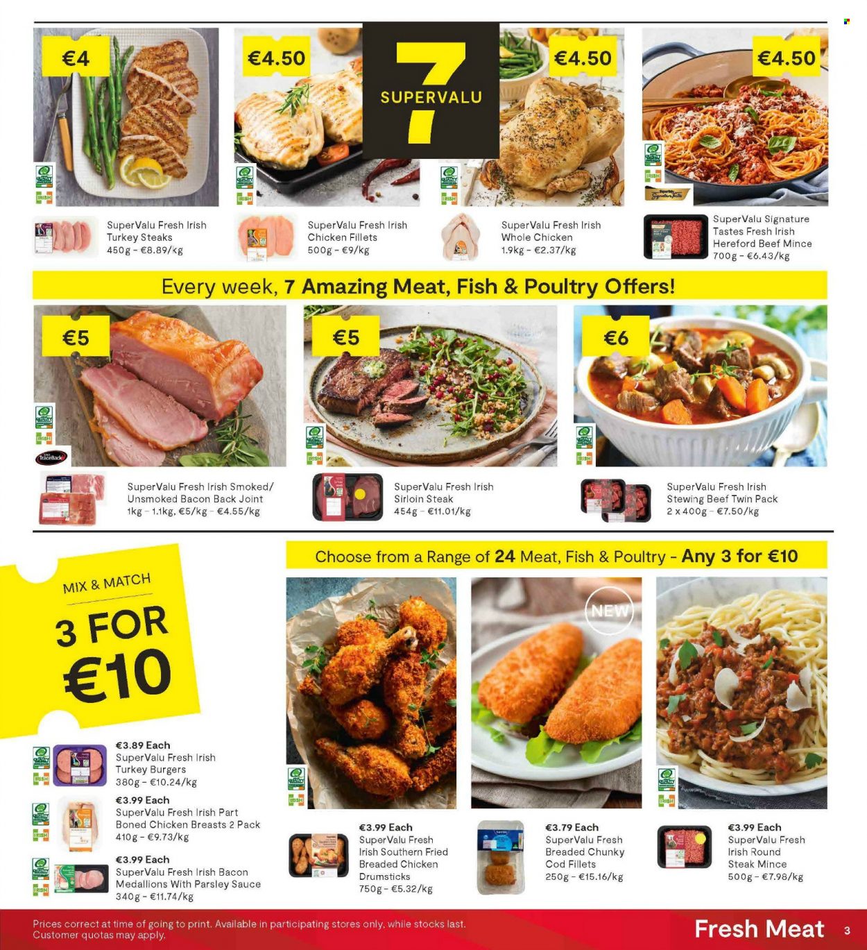 thumbnail - SuperValu offer  - 04.11.2021 - 17.11.2021 - Sales products - parsley, cod, fish, hamburger, sauce, fried chicken, bacon, whole chicken, beef meat, beef sirloin, ground beef, steak, sirloin steak, stewing beef, turkey burger. Page 3.