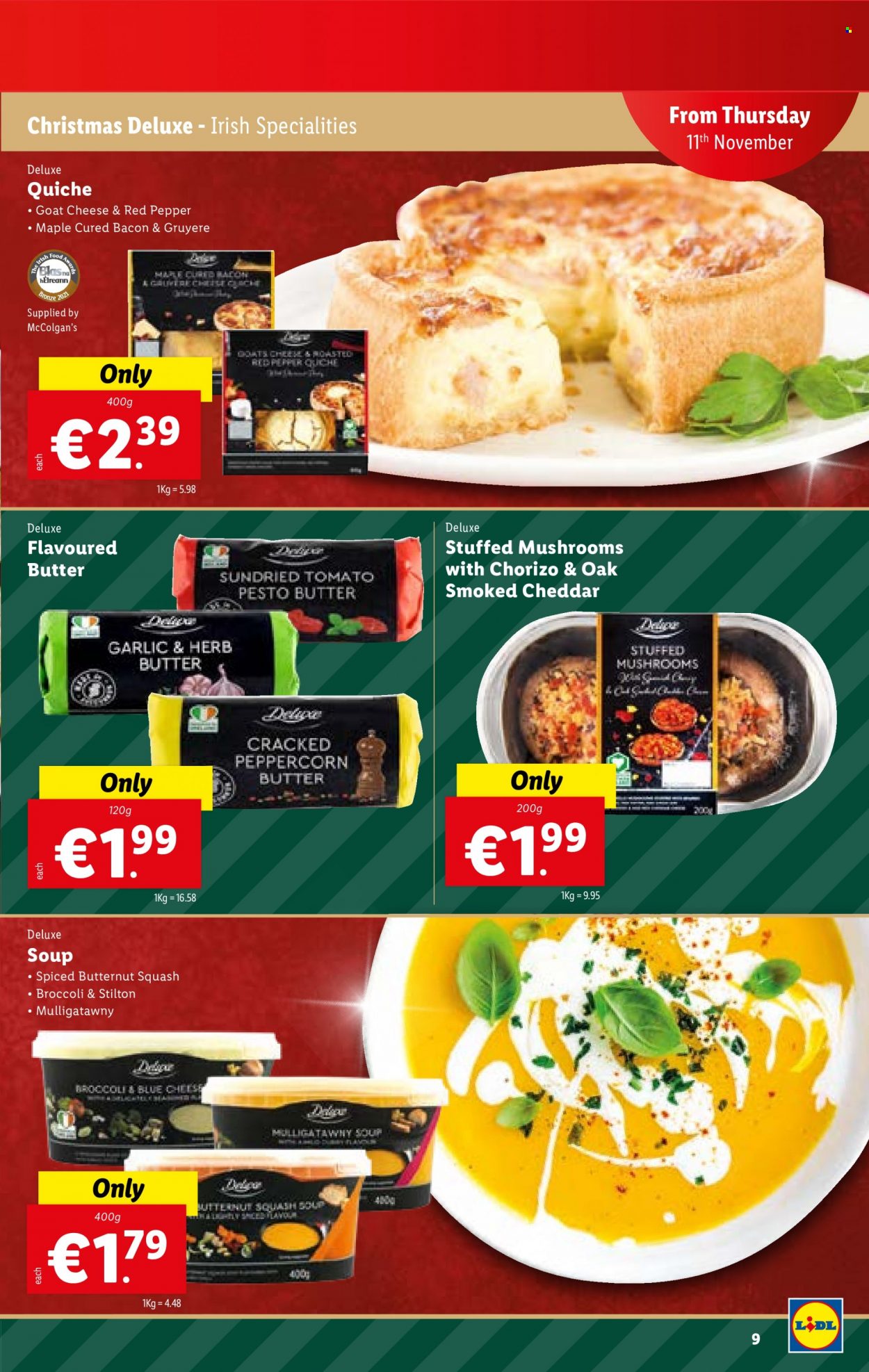 thumbnail - Lidl offer  - 11.11.2021 - 17.11.2021 - Sales products - mushrooms, broccoli, butternut squash, soup, bacon, chorizo, goat cheese, Gruyere, Stilton, cheddar, quiche, pesto. Page 9.