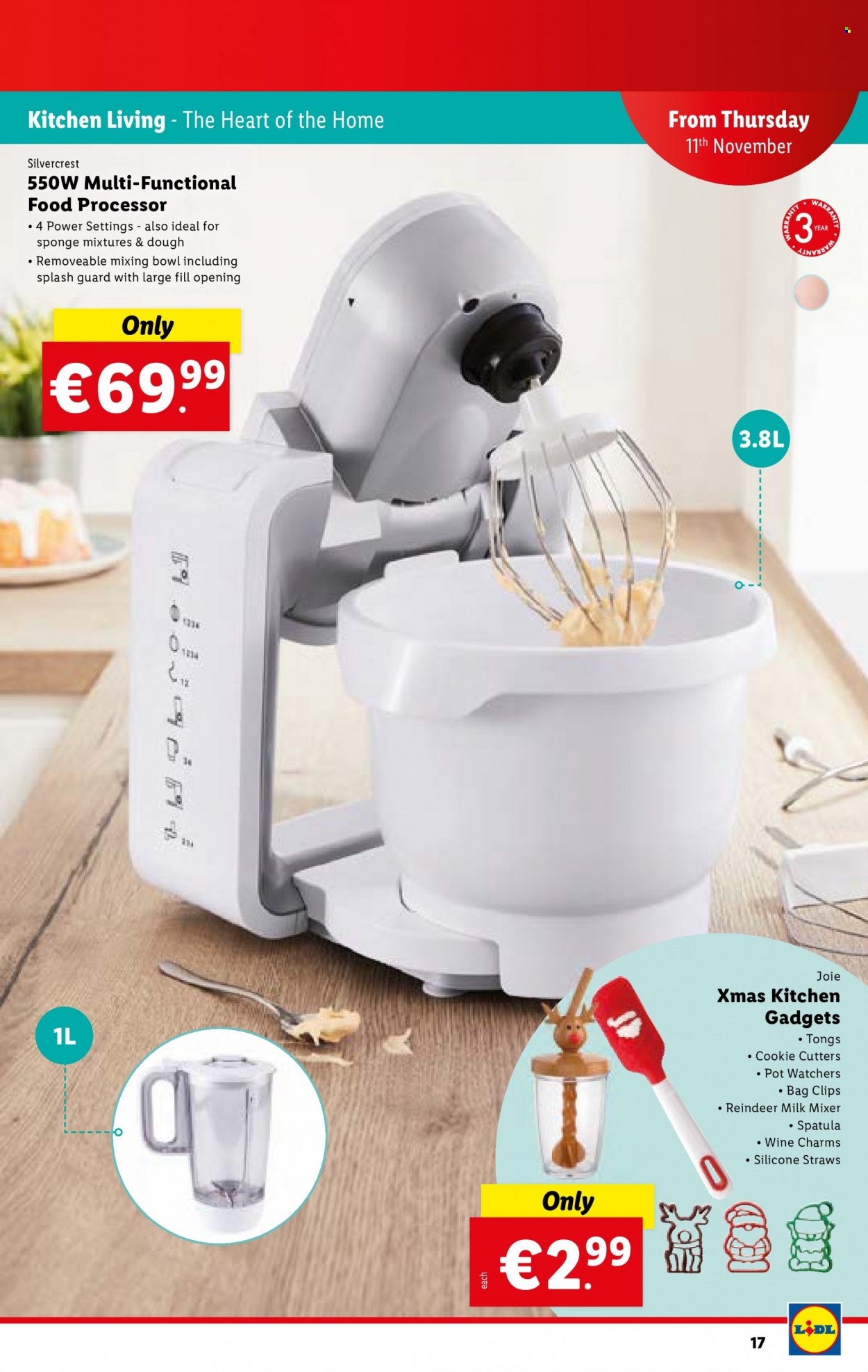 thumbnail - Lidl offer  - 11.11.2021 - 17.11.2021 - Sales products - reindeer, SilverCrest, milk, wine, sponge, mixing bowl, spatula, pot, bag clips, straw, bowl, mixer, food processor, tong. Page 17.