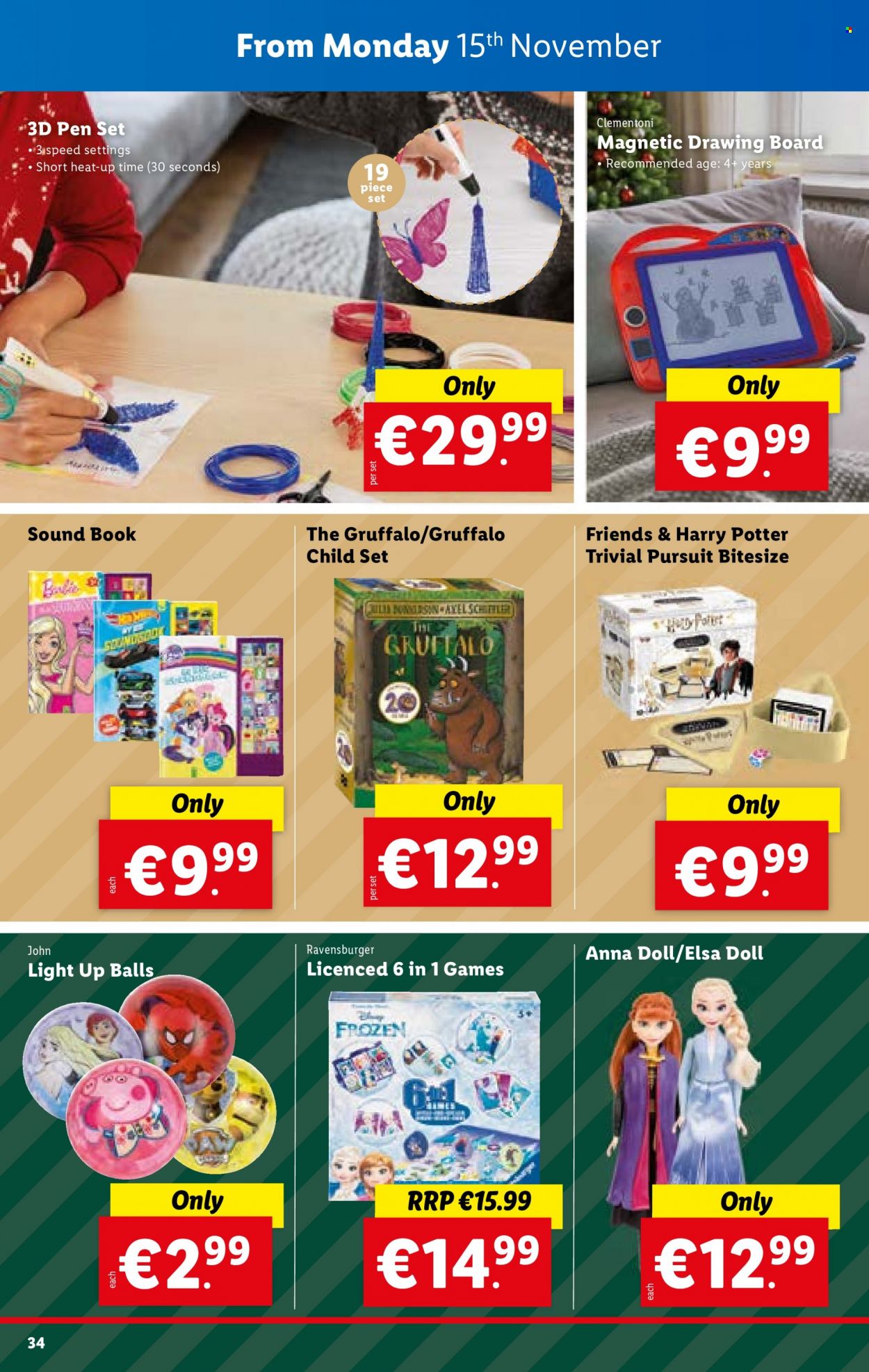 thumbnail - Lidl offer  - 11.11.2021 - 17.11.2021 - Sales products - Harry Potter, pen, drawing board, book, doll, Clementoni, Ravensburger. Page 34.