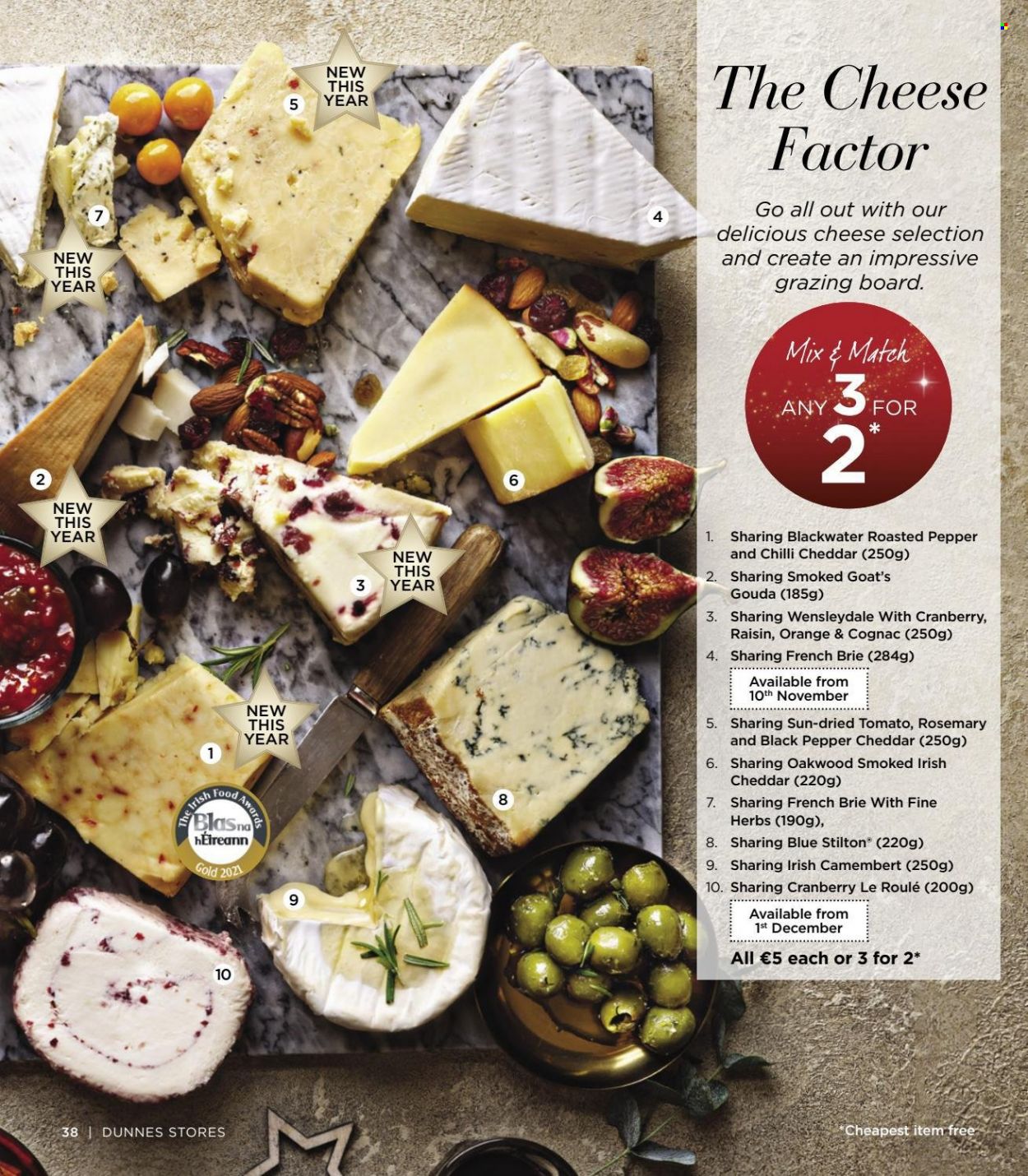 thumbnail - Dunnes Stores offer  - 05.11.2021 - 24.12.2021 - Sales products - oranges, camembert, gouda, Stilton, Wensleydale, cheddar, cheese, brie, rosemary, black pepper, herbs, cognac. Page 38.