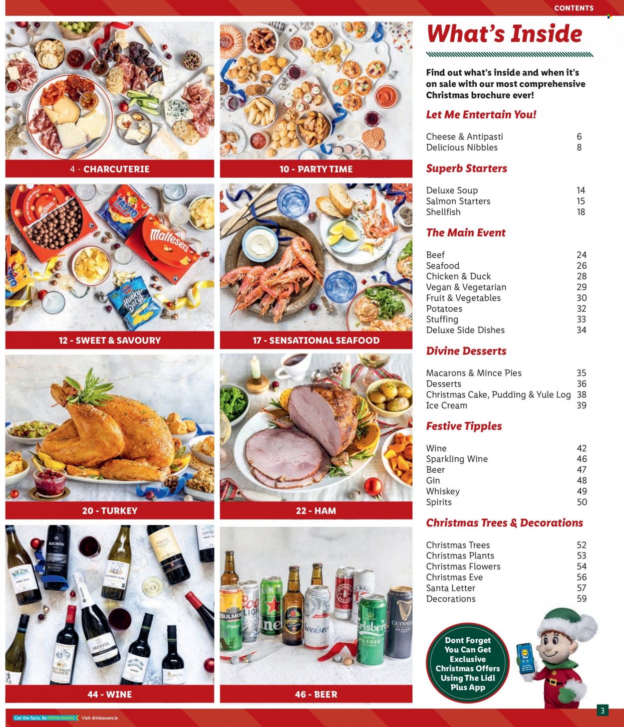 thumbnail - Lidl offer  - Sales products - cake, potatoes, salmon, seafood, soup, ham, cheese, pudding, Santa, sparkling wine, wine, gin, whiskey, whisky, beer, hat. Page 3.