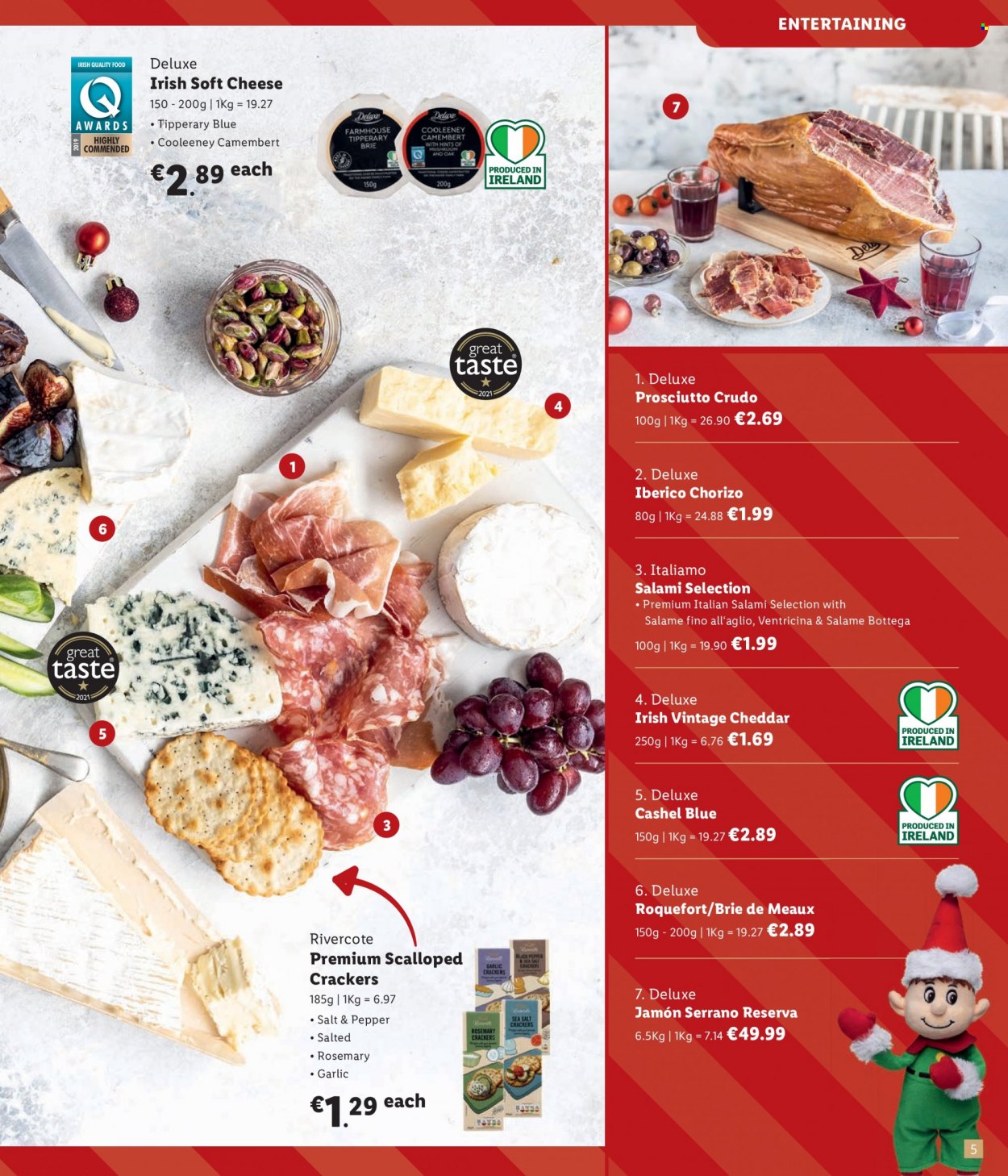 thumbnail - Lidl offer  - Sales products - garlic, salami, prosciutto, chorizo, camembert, soft cheese, cheddar, cheese, brie, crackers, rosemary. Page 5.