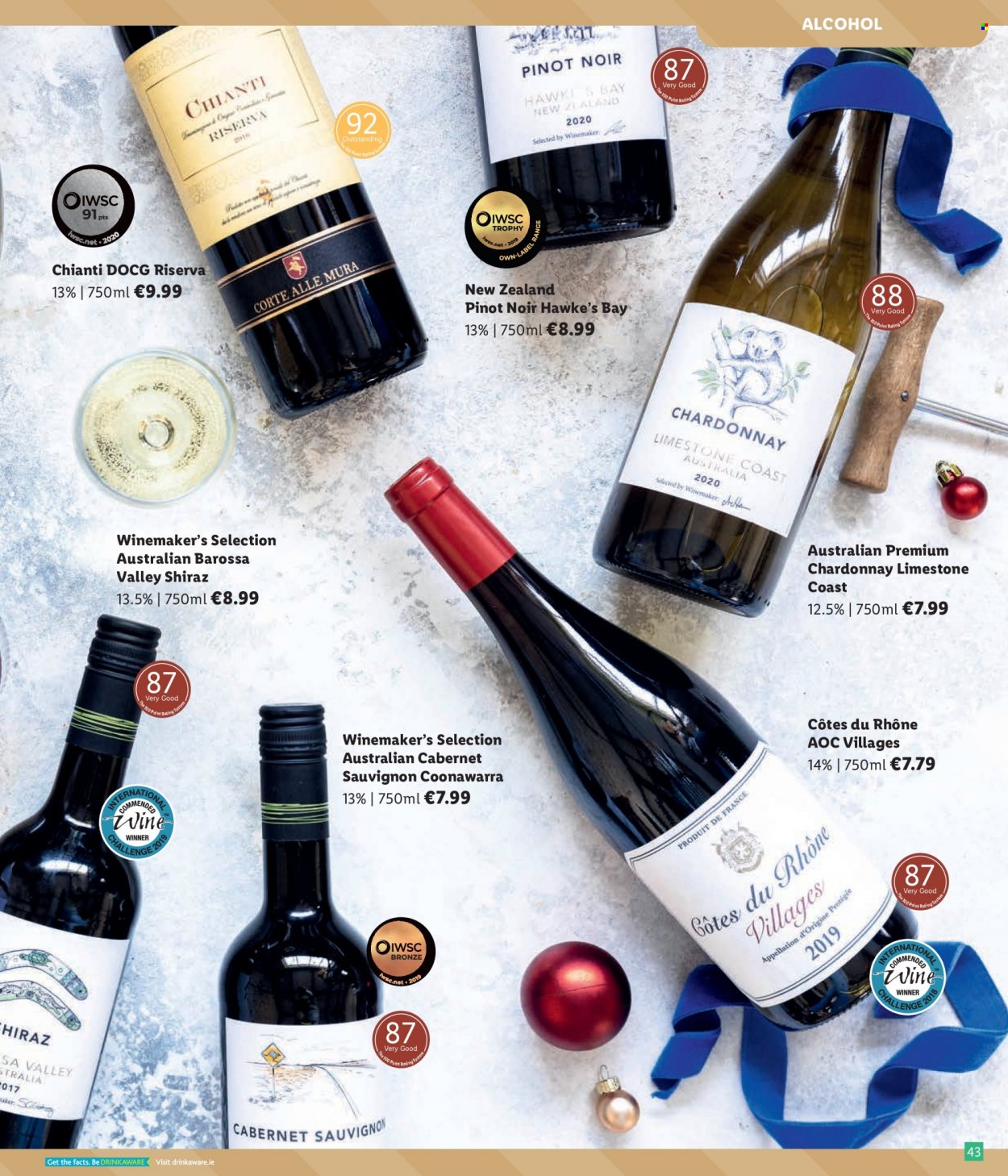 thumbnail - Lidl offer  - Sales products - Cabernet Sauvignon, red wine, white wine, Chardonnay, wine, Pinot Noir, alcohol, Shiraz. Page 43.
