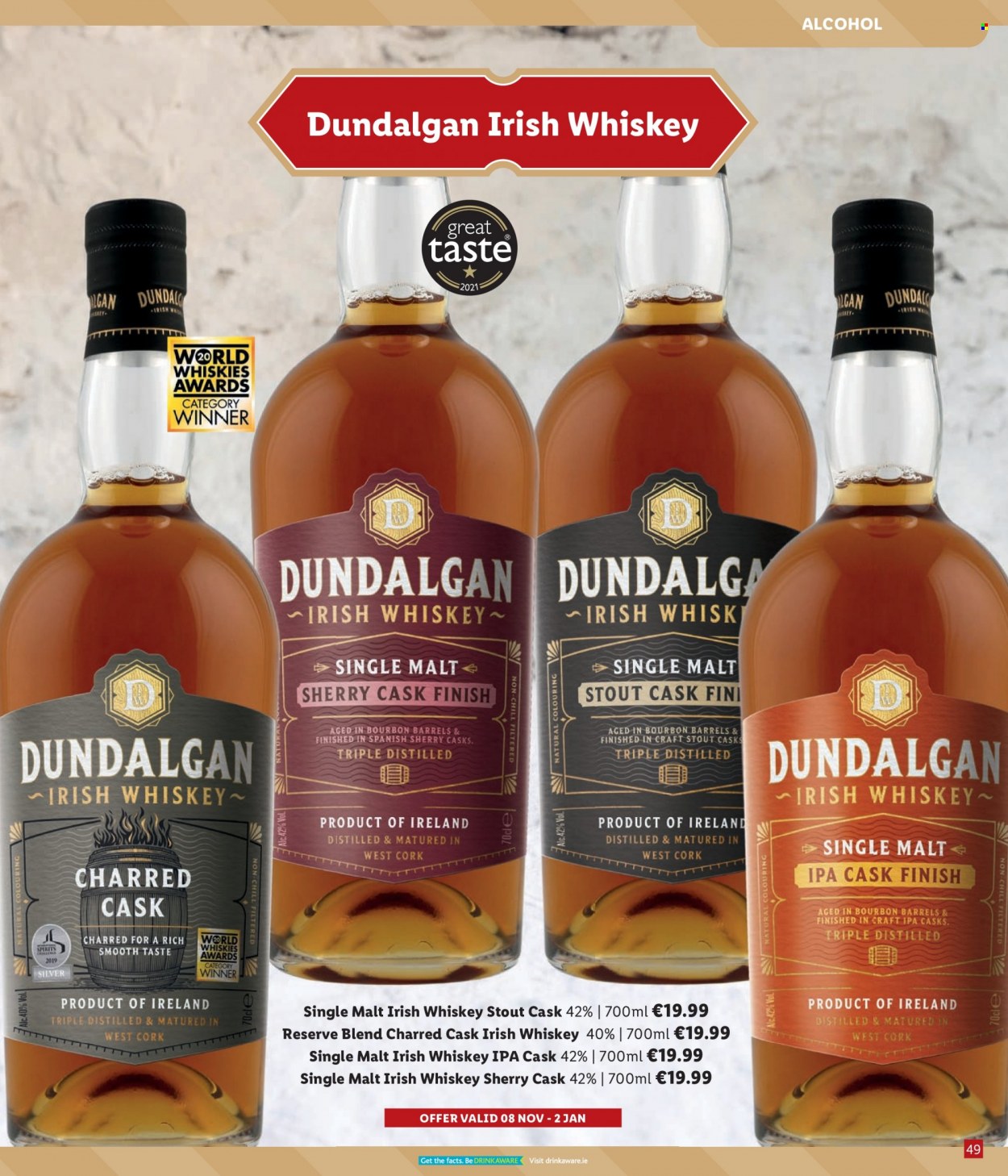 thumbnail - Lidl offer  - Sales products - alcohol, bourbon, sherry, whiskey, irish whiskey, whisky, IPA. Page 49.