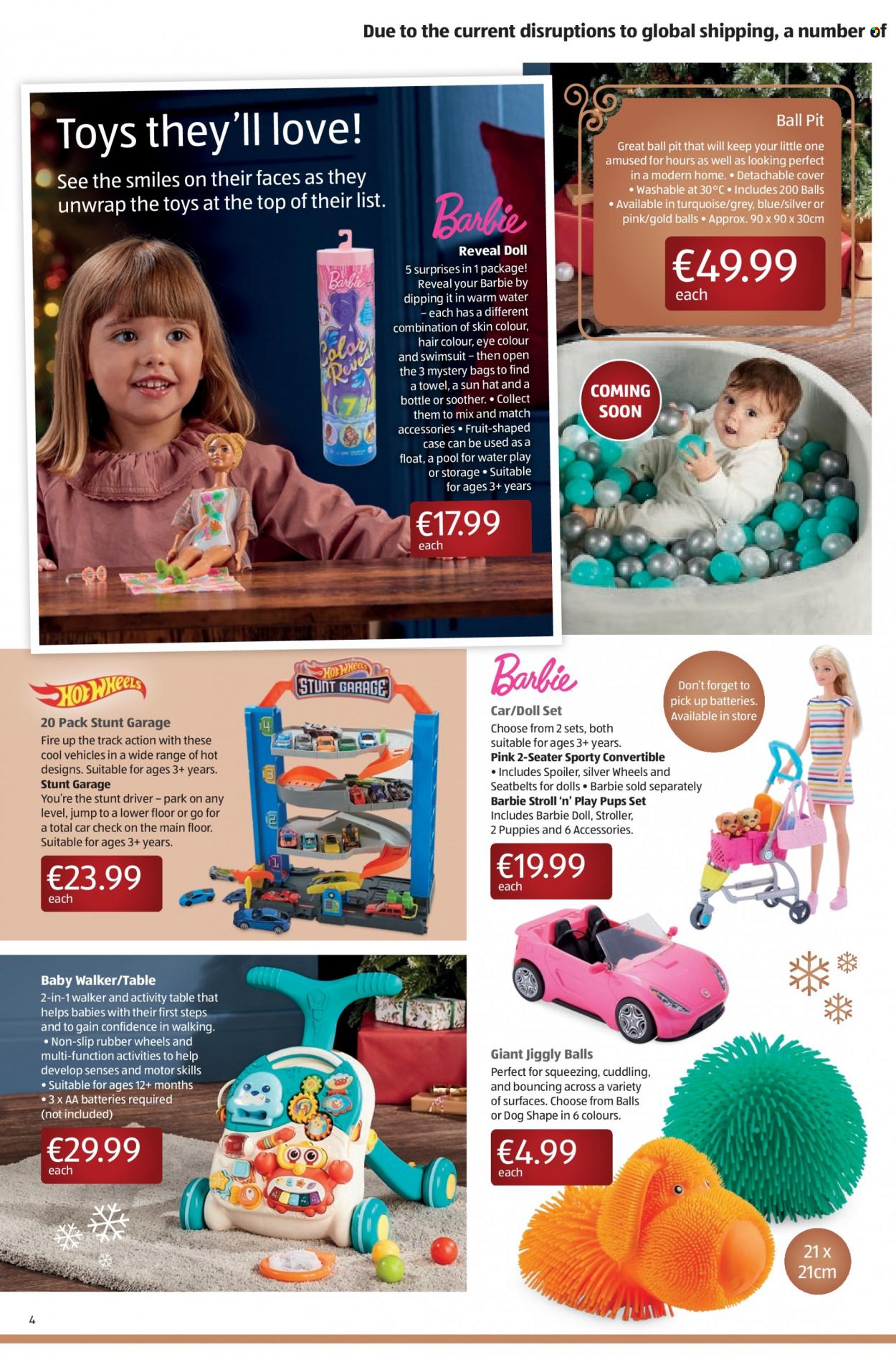 thumbnail - Aldi offer  - 18.11.2021 - 24.11.2021 - Sales products - soother, hair color, bag, Barbie, towel, table, hat, doll, baby stroller, baby walker. Page 4.