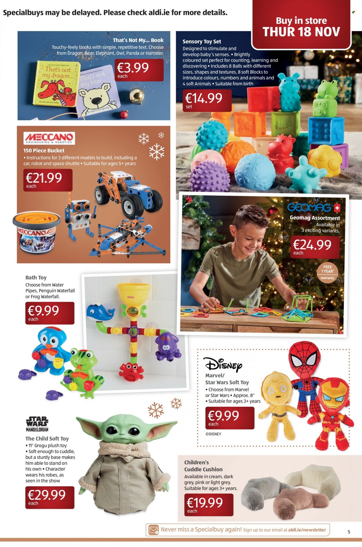 thumbnail - Aldi offer  - 18.11.2021 - 24.11.2021 - Sales products - Disney, book, cushion, robe, robot, penguin, owl, toys, panda. Page 5.