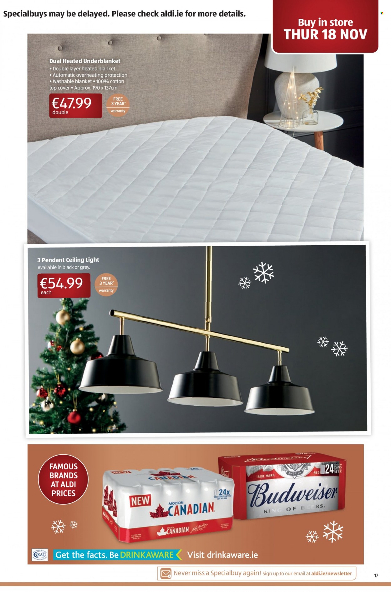 thumbnail - Aldi offer  - 18.11.2021 - 24.11.2021 - Sales products - beer, blanket, pendant, Budweiser. Page 17.