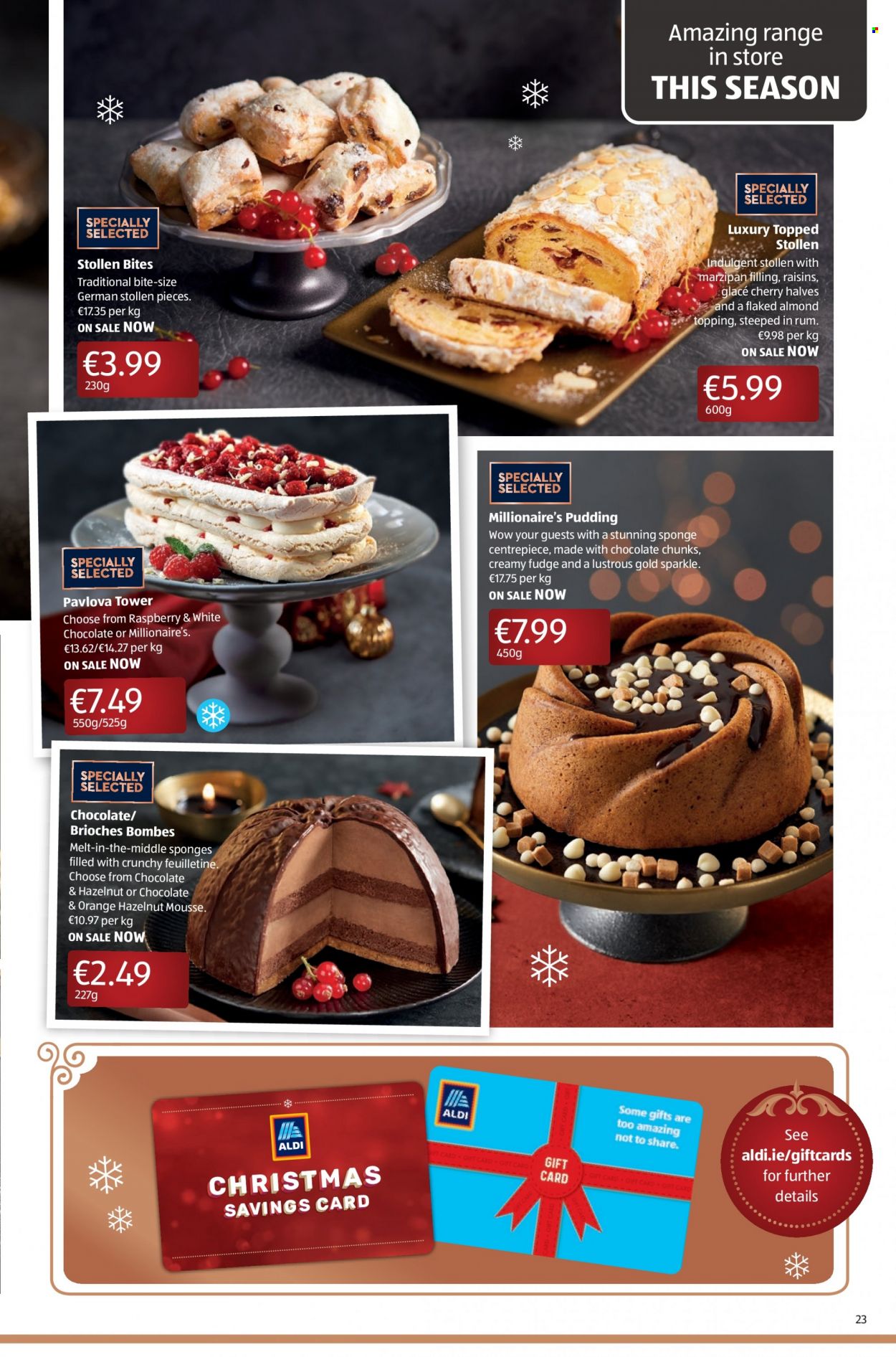 thumbnail - Aldi offer  - 18.11.2021 - 24.11.2021 - Sales products - stollen, cherries, pudding, fudge, marzipan, topping, raisins, dried fruit, rum, sponge. Page 23.
