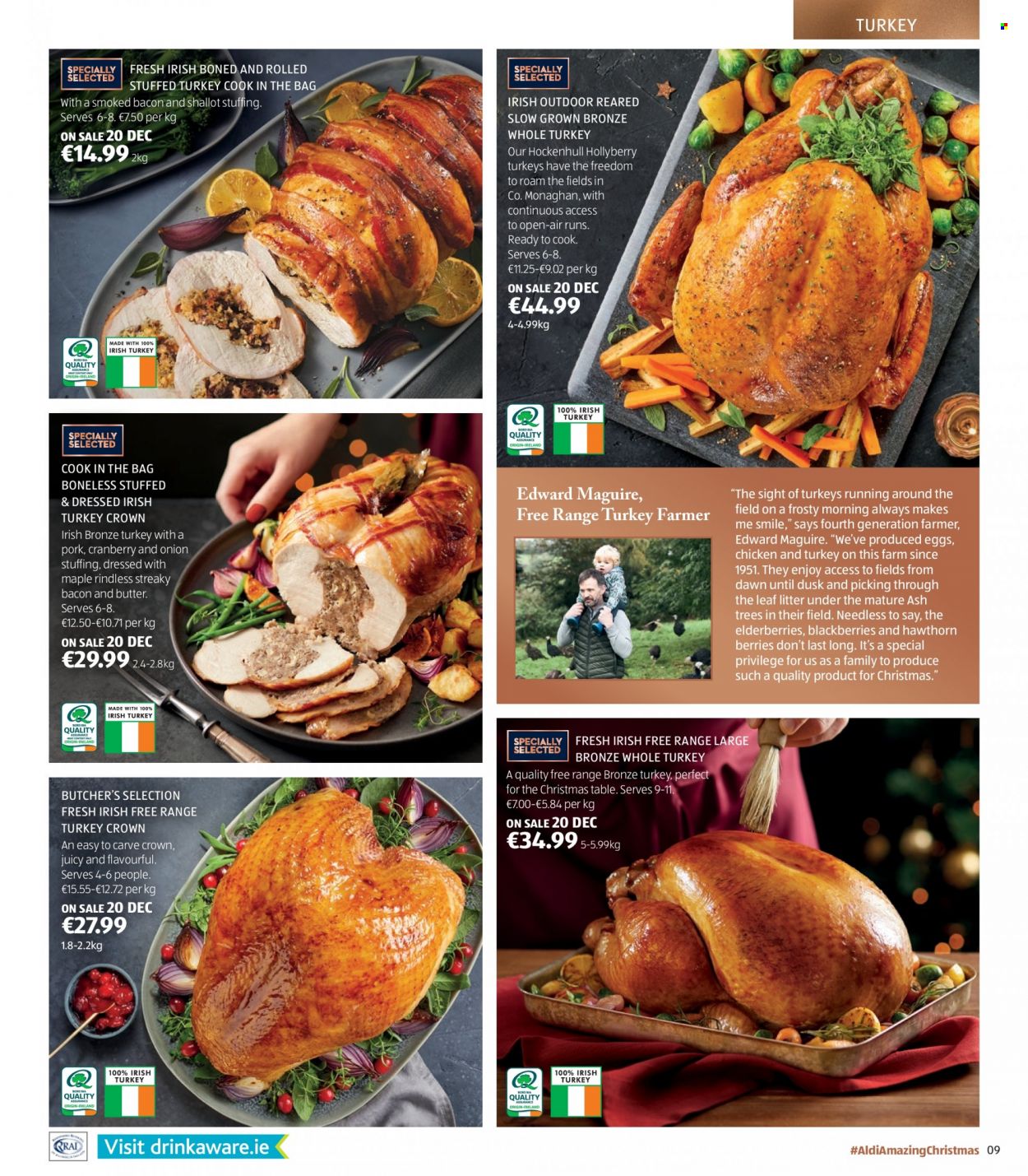 thumbnail - Aldi offer  - Sales products - blackberries, bacon, streaky bacon, eggs, butter, whole turkey, turkey crown, table. Page 9.