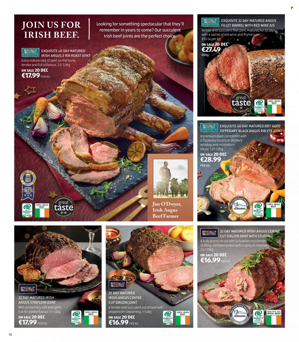 thumbnail - Aldi offer  - Sales products - mushrooms, garlic, salt, rosemary, spice, whiskey, TRULY, whisky, beef meat, succulent. Page 14.