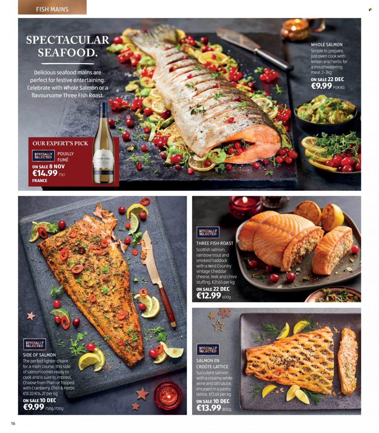 thumbnail - Aldi offer  - Sales products - leek, salmon, trout, haddock, seafood, fish, cheddar, cheese, dill, white wine, succulent. Page 16.