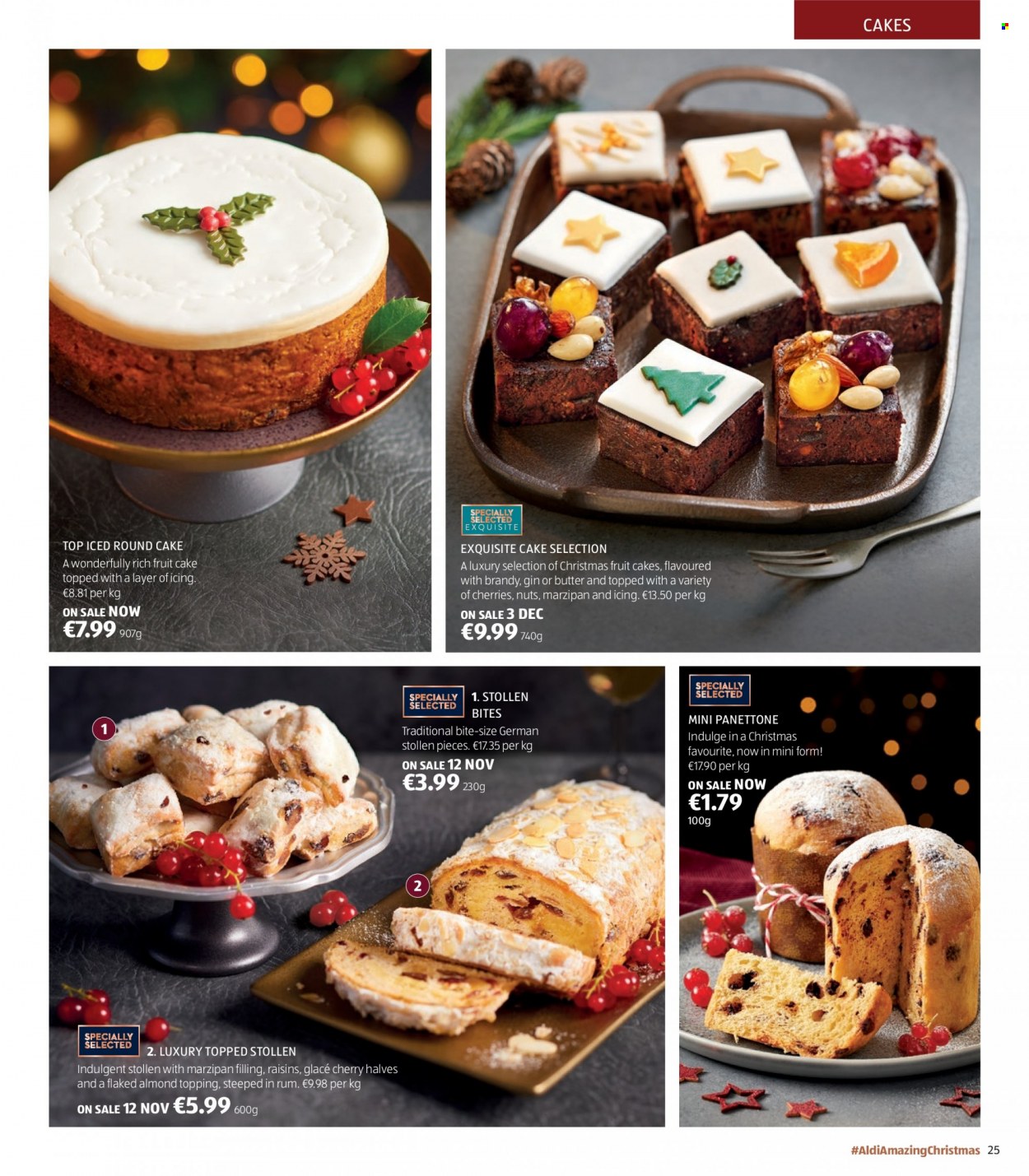 thumbnail - Aldi offer  - Sales products - cake, stollen, panettone, marzipan, topping, raisins, dried fruit, brandy, gin, rum. Page 25.