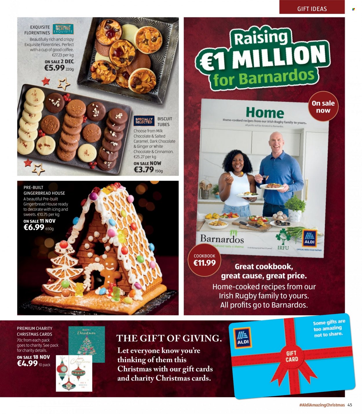 thumbnail - Aldi offer  - Sales products - gingerbread, milk chocolate, white chocolate, chocolate, biscuit, dark chocolate, cinnamon, coffee, cookbook. Page 45.