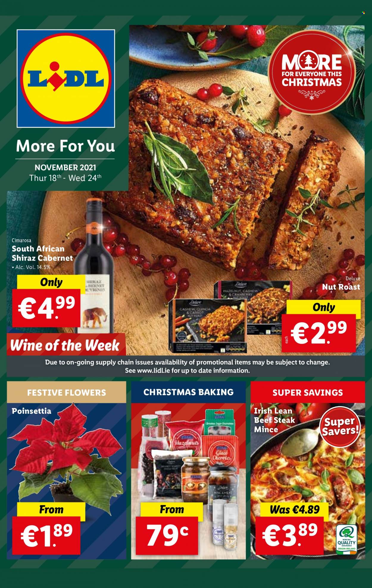 thumbnail - Lidl offer  - 18.11.2021 - 24.11.2021 - Sales products - Cabernet Sauvignon, red wine, wine, Shiraz, beef meat, beef steak, steak, poinsettia. Page 1.