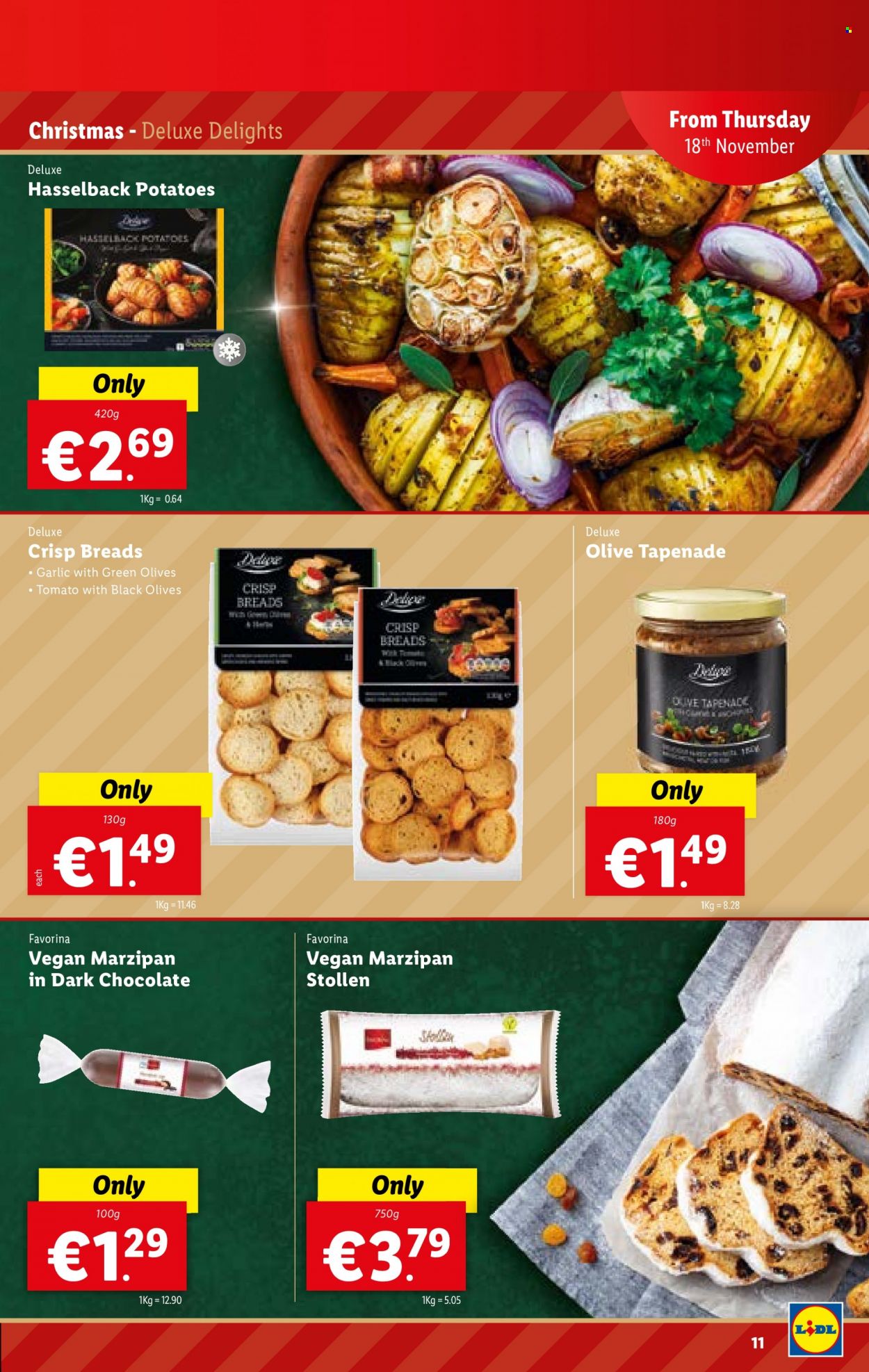 thumbnail - Lidl offer  - 18.11.2021 - 24.11.2021 - Sales products - marzipan stollen, stollen, garlic, potatoes, chocolate, dark chocolate, olives. Page 11.