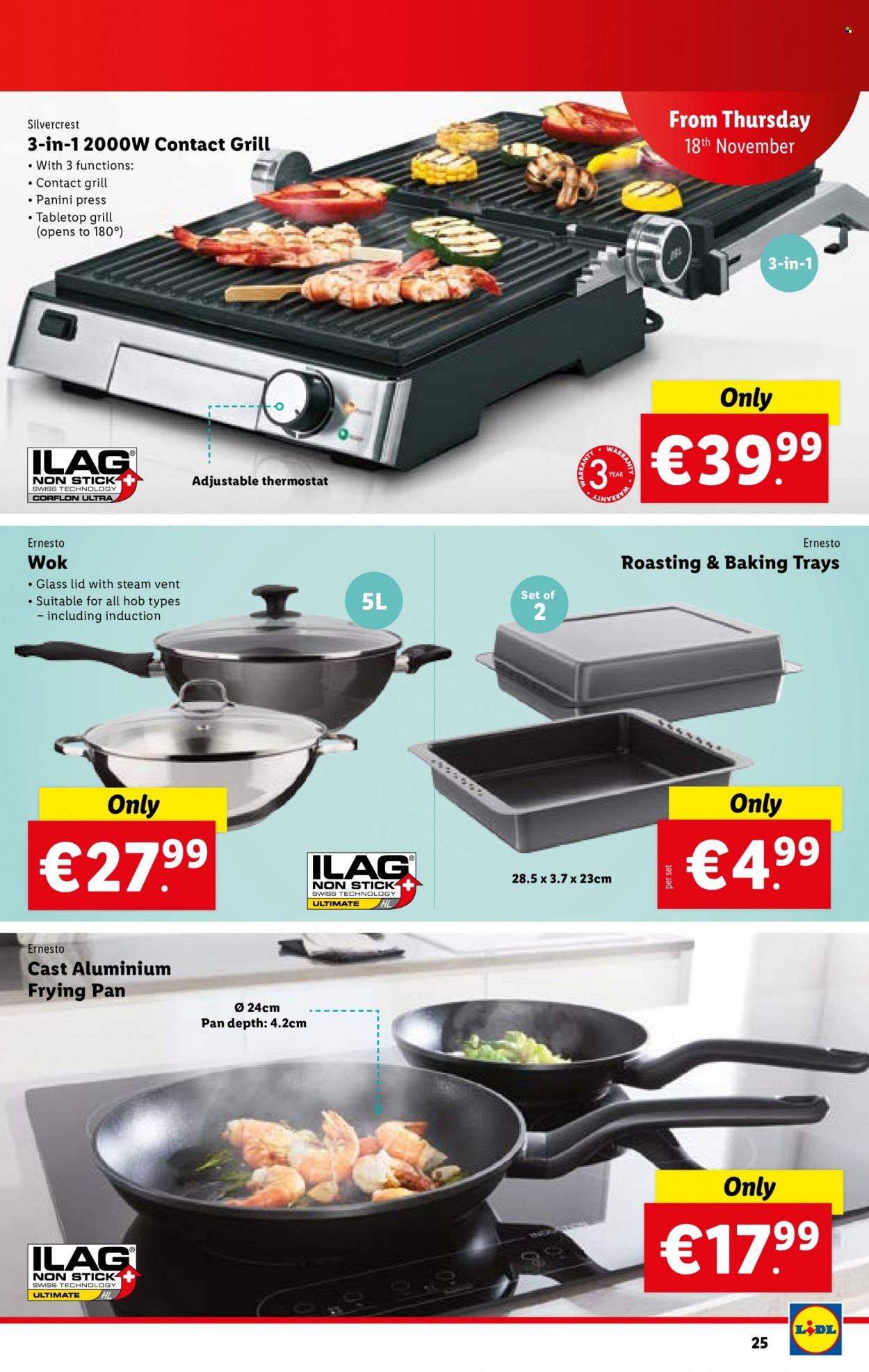 thumbnail - Lidl offer  - 18.11.2021 - 24.11.2021 - Sales products - SilverCrest, panini, Ernesto, lid, pan, wok, hob, sandwich press, grill. Page 25.