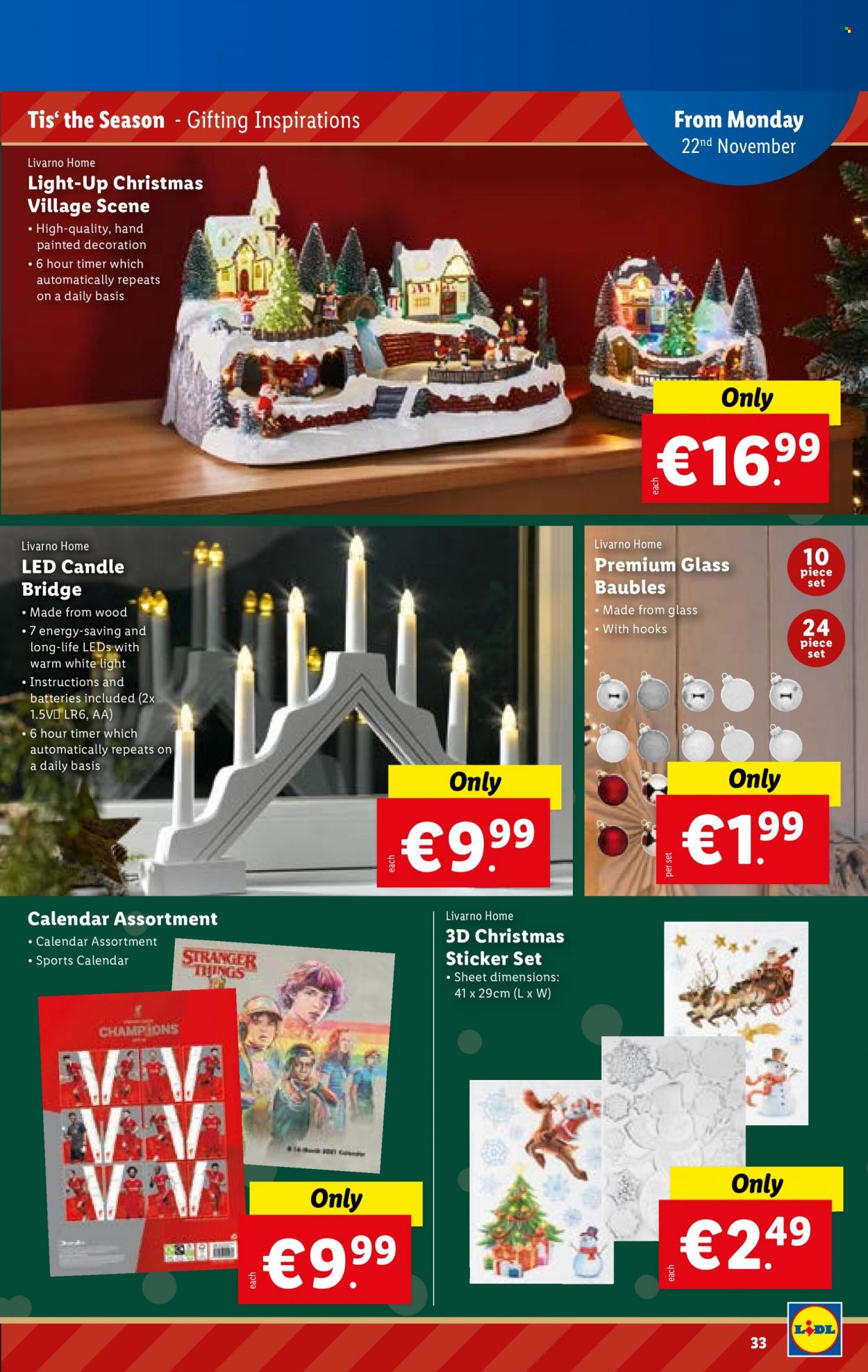 thumbnail - Lidl offer  - 18.11.2021 - 24.11.2021 - Sales products - christmas village, bauble, calendar, sticker, candle. Page 33.
