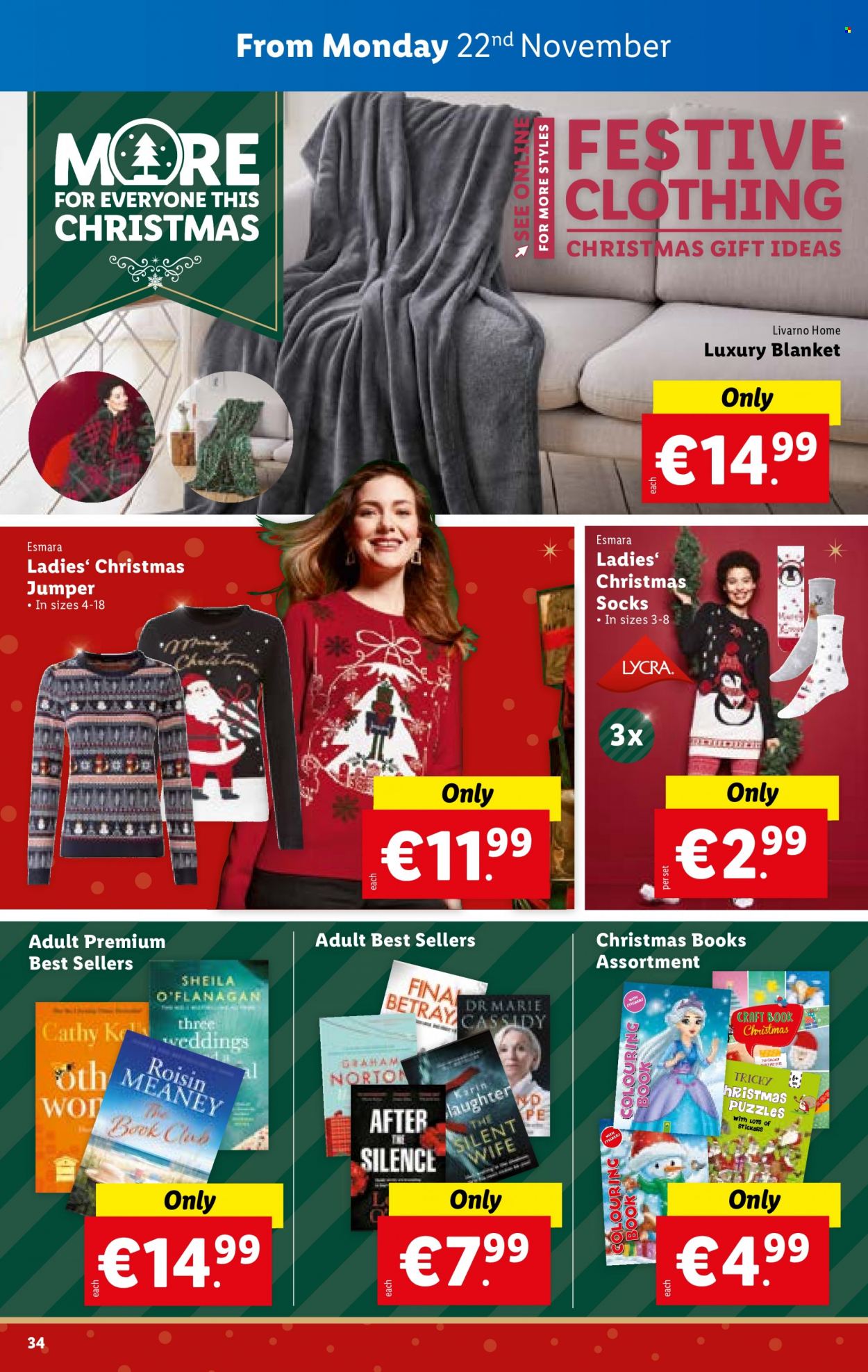 thumbnail - Lidl offer  - 18.11.2021 - 24.11.2021 - Sales products - reindeer, Santa Claus, boots, Esmara, advent calendar, Santa, cologne, calendar, sticker, drawing book, book, blanket, mouse, sweater, socks, puzzle. Page 34.