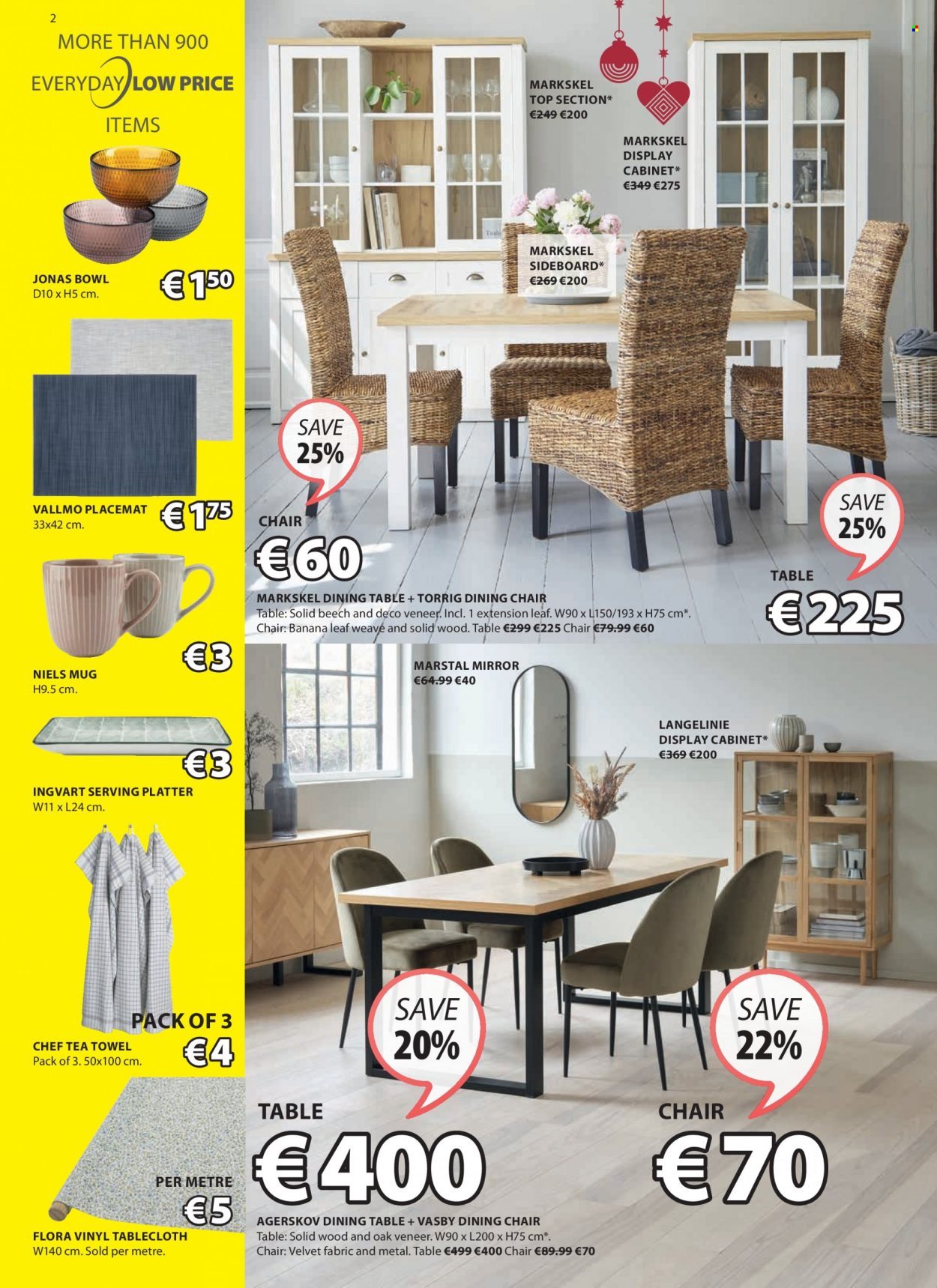 thumbnail - JYSK offer  - 18.11.2021 - 01.12.2021 - Sales products - cabinet, dining table, table, top section, chair, dining chair, sideboard, mirror, placemat, mug, bowl, chair pad, tablecloth, tea towels. Page 2.