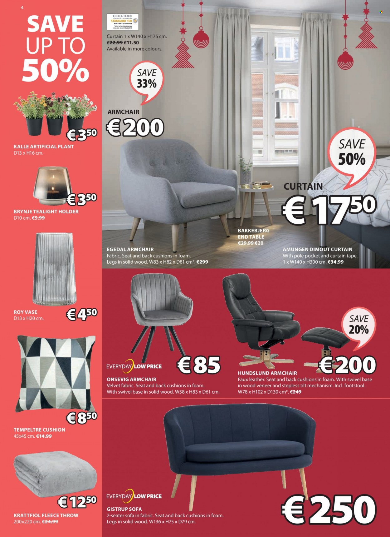 thumbnail - JYSK offer  - 18.11.2021 - 01.12.2021 - Sales products - arm chair, sofa, end table, cushion, tealight holder, vase, artificial plant, holder, tealight, curtain, fleece throw. Page 4.