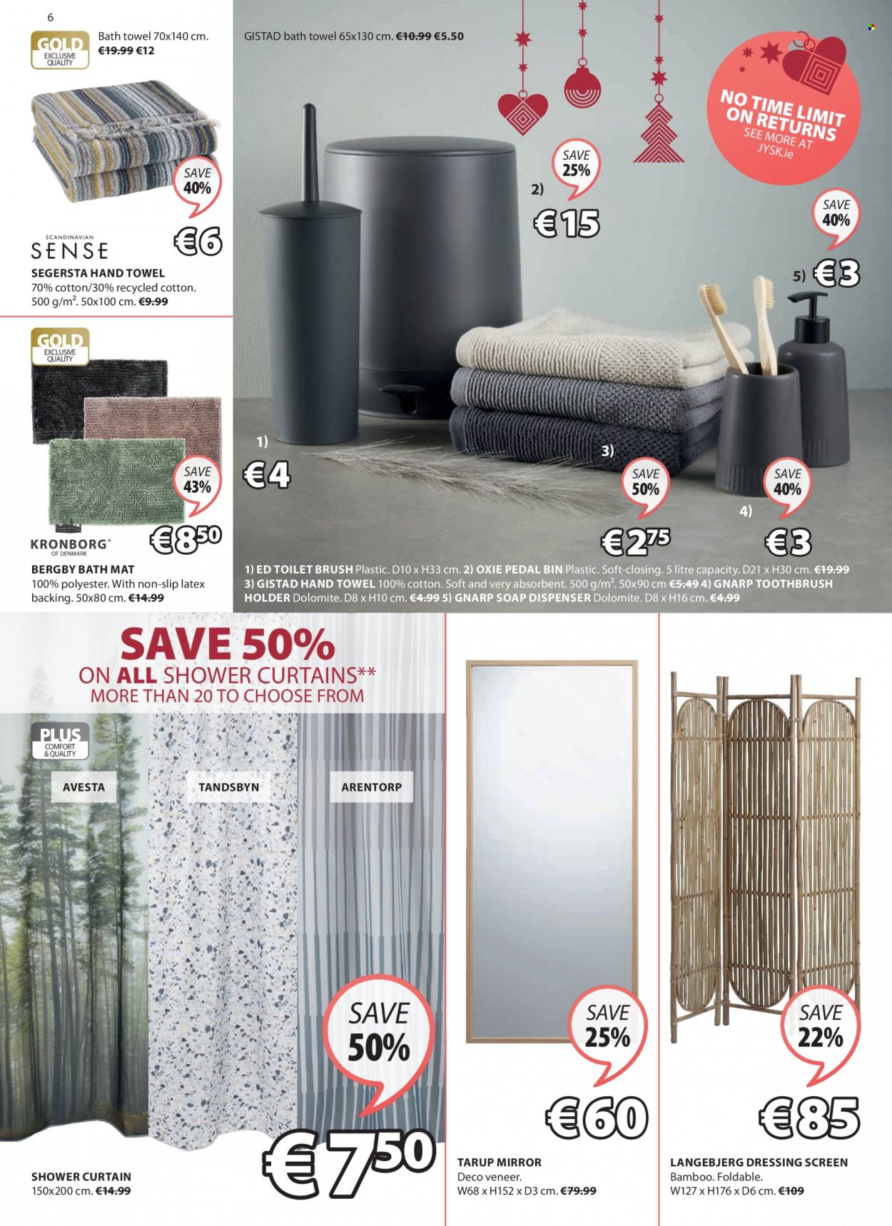 thumbnail - JYSK offer  - 18.11.2021 - 01.12.2021 - Sales products - mirror, bin, holder, shower curtain, soap dispenser, toilet brush, toothbrush holder, dispenser, curtain, bath mat, bath towel, towel, hand towel. Page 6.