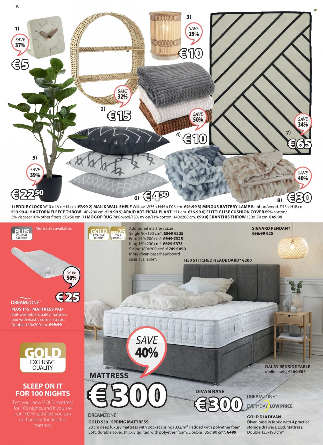 thumbnail - JYSK offer  - 18.11.2021 - 01.12.2021 - Sales products - table, wall shelf, headboard, mattress, mattress protector, bedside table, cushion, artificial plant, clock, fleece throw, lamp, rug. Page 10.