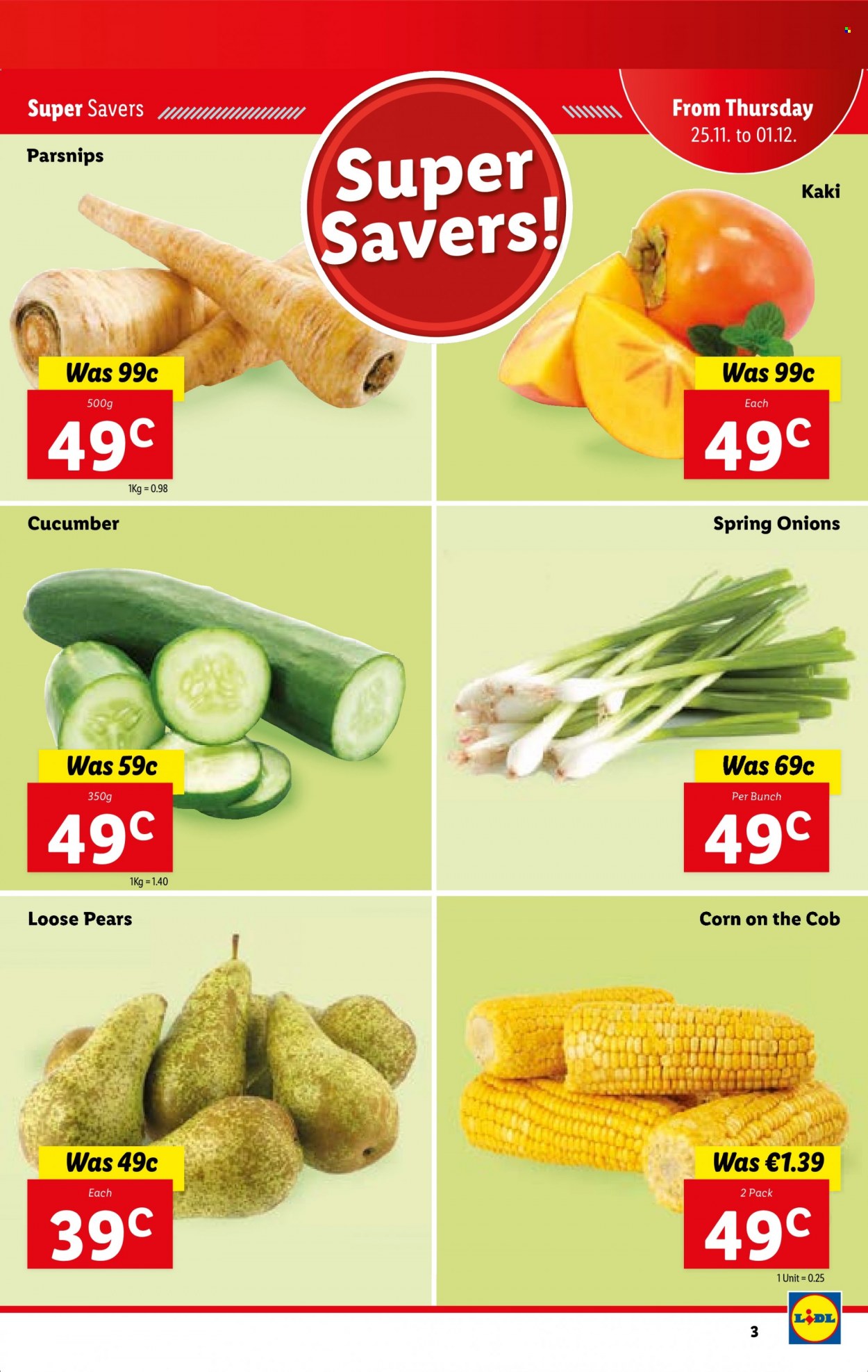 thumbnail - Lidl offer  - 25.11.2021 - 01.12.2021 - Sales products - persimmons, corn, parsnips, onion, green onion, pears. Page 3.