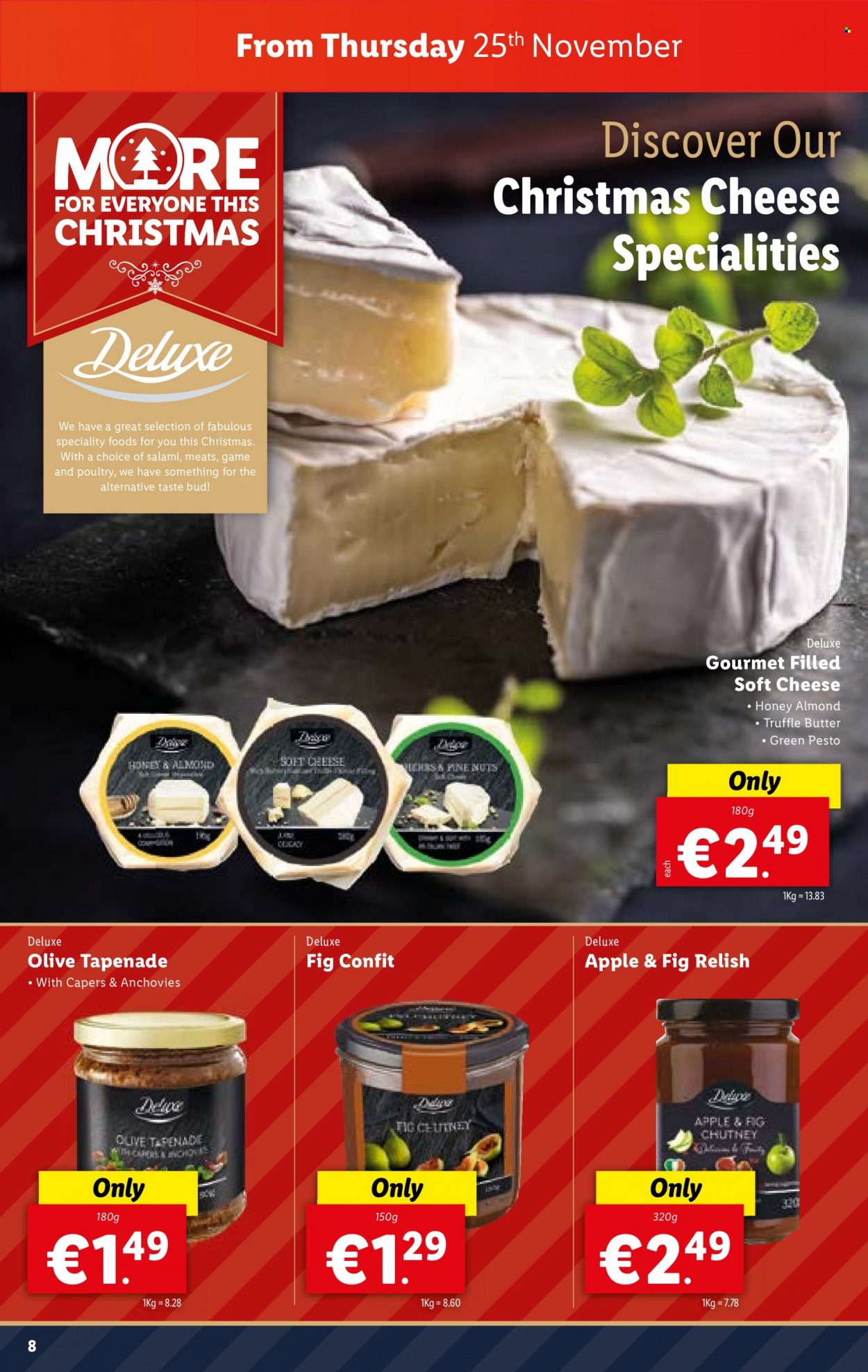 thumbnail - Lidl offer  - 25.11.2021 - 01.12.2021 - Sales products - salami, soft cheese, cheese, butter, truffles, anchovies, capers, pesto, chutney, pine nuts. Page 8.