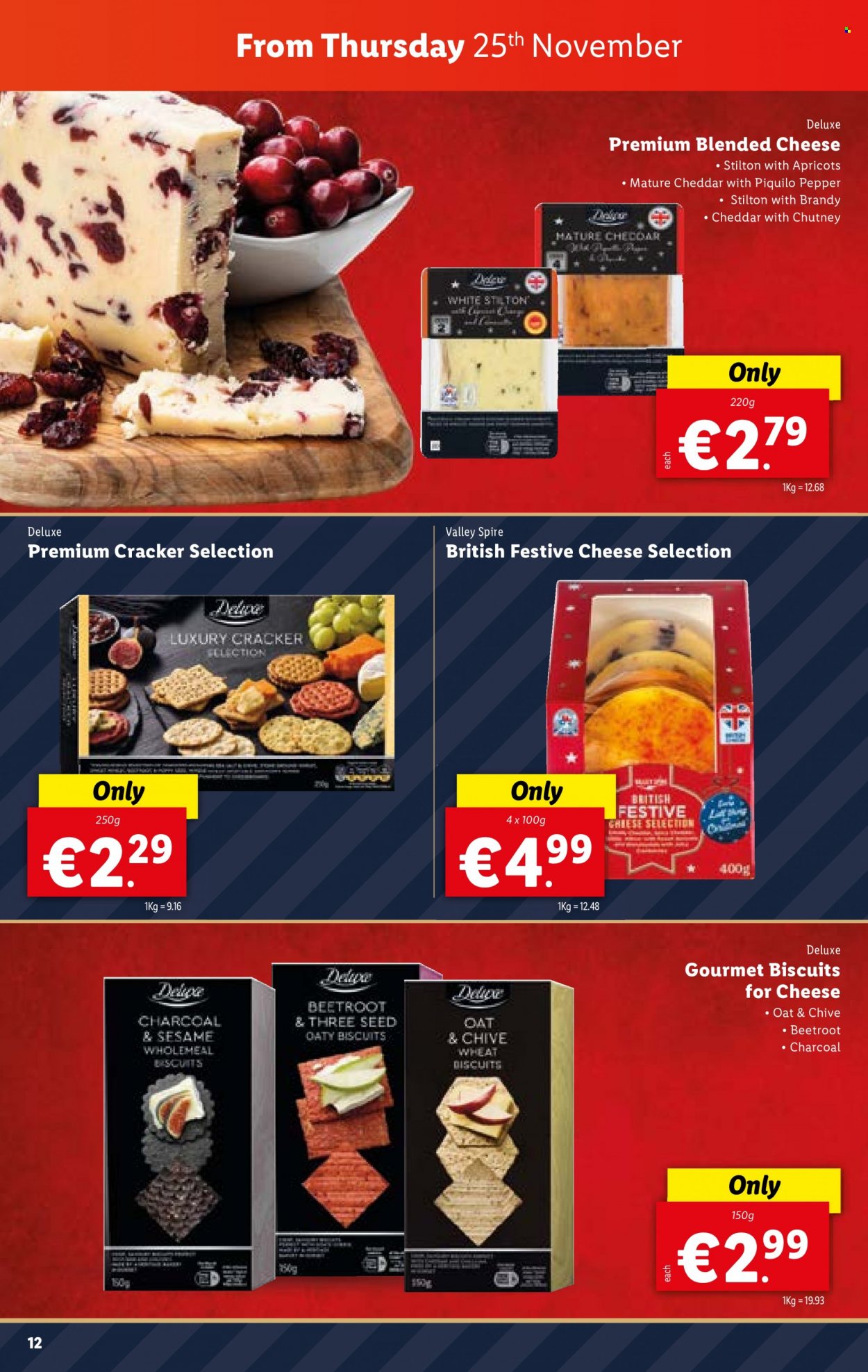 thumbnail - Lidl offer  - 25.11.2021 - 01.12.2021 - Sales products - beetroot, apricots, Stilton, cheddar, cheese, crackers, biscuit, oats, pepper, chutney, brandy, charcoal. Page 12.