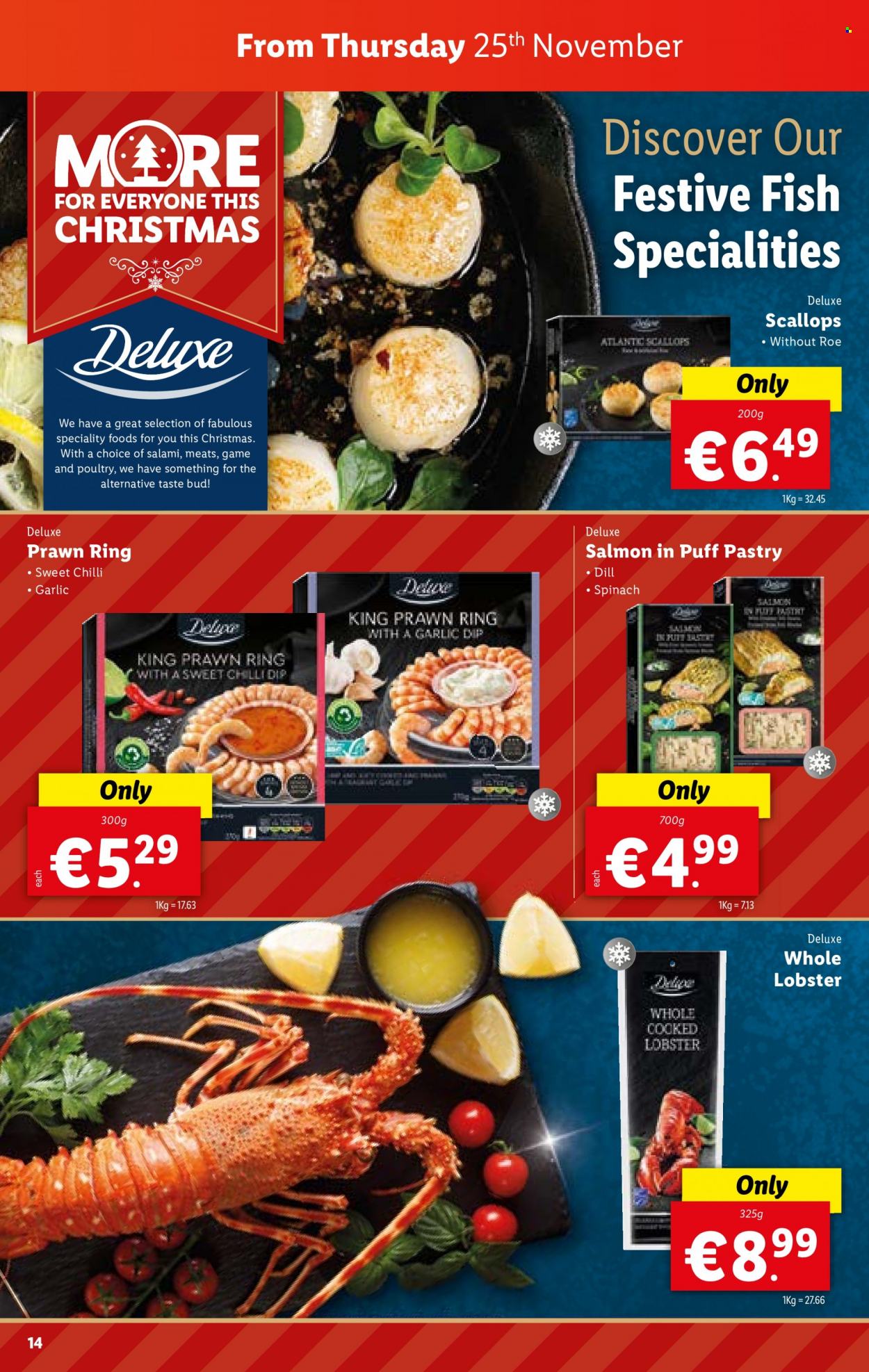 thumbnail - Lidl offer  - 25.11.2021 - 01.12.2021 - Sales products - garlic, spinach, lobster, salmon, scallops, prawns, fish, salami, dip, dill. Page 14.