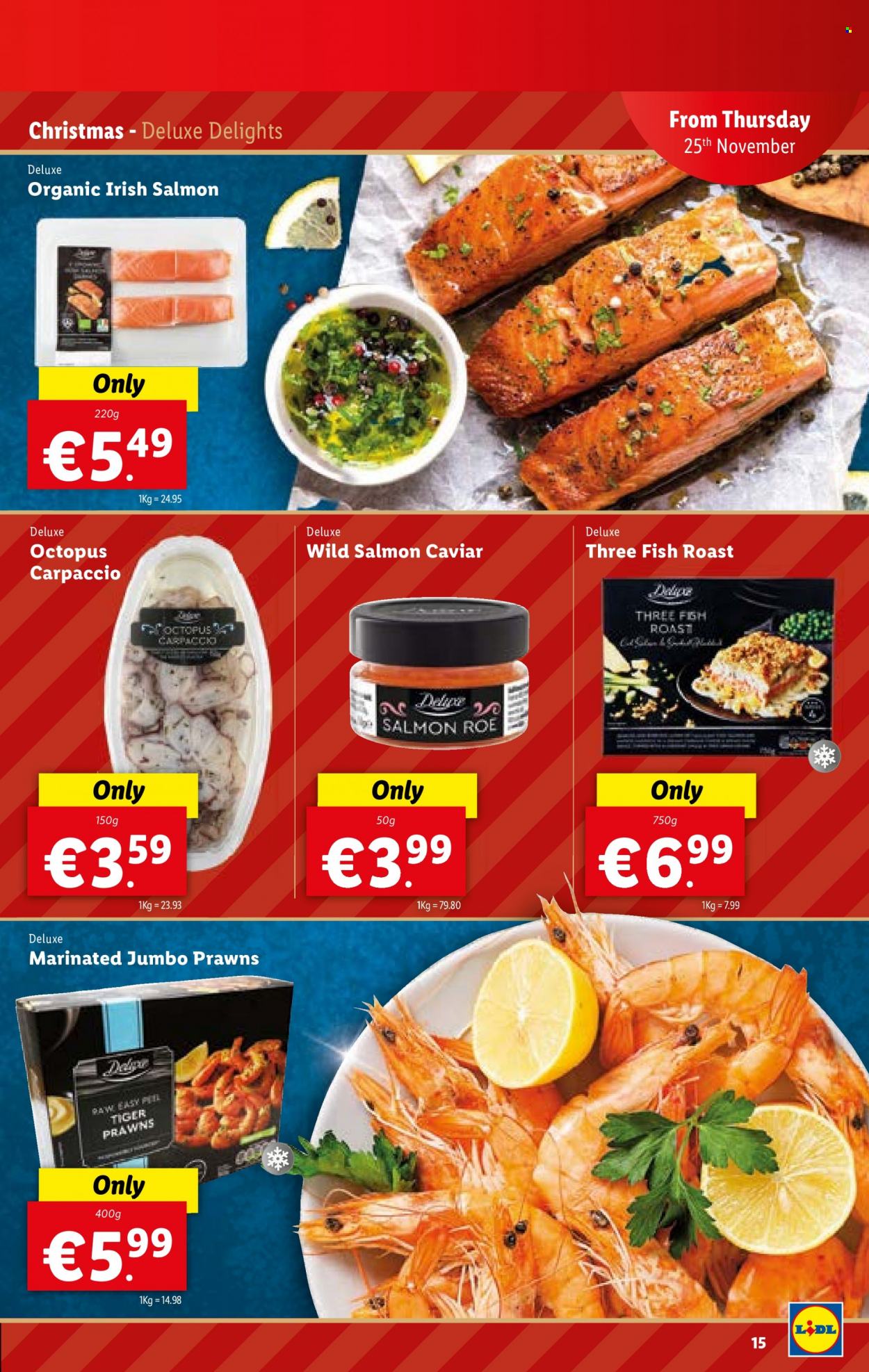 thumbnail - Lidl offer  - 25.11.2021 - 01.12.2021 - Sales products - salmon, octopus, prawns, fish, caviar. Page 15.
