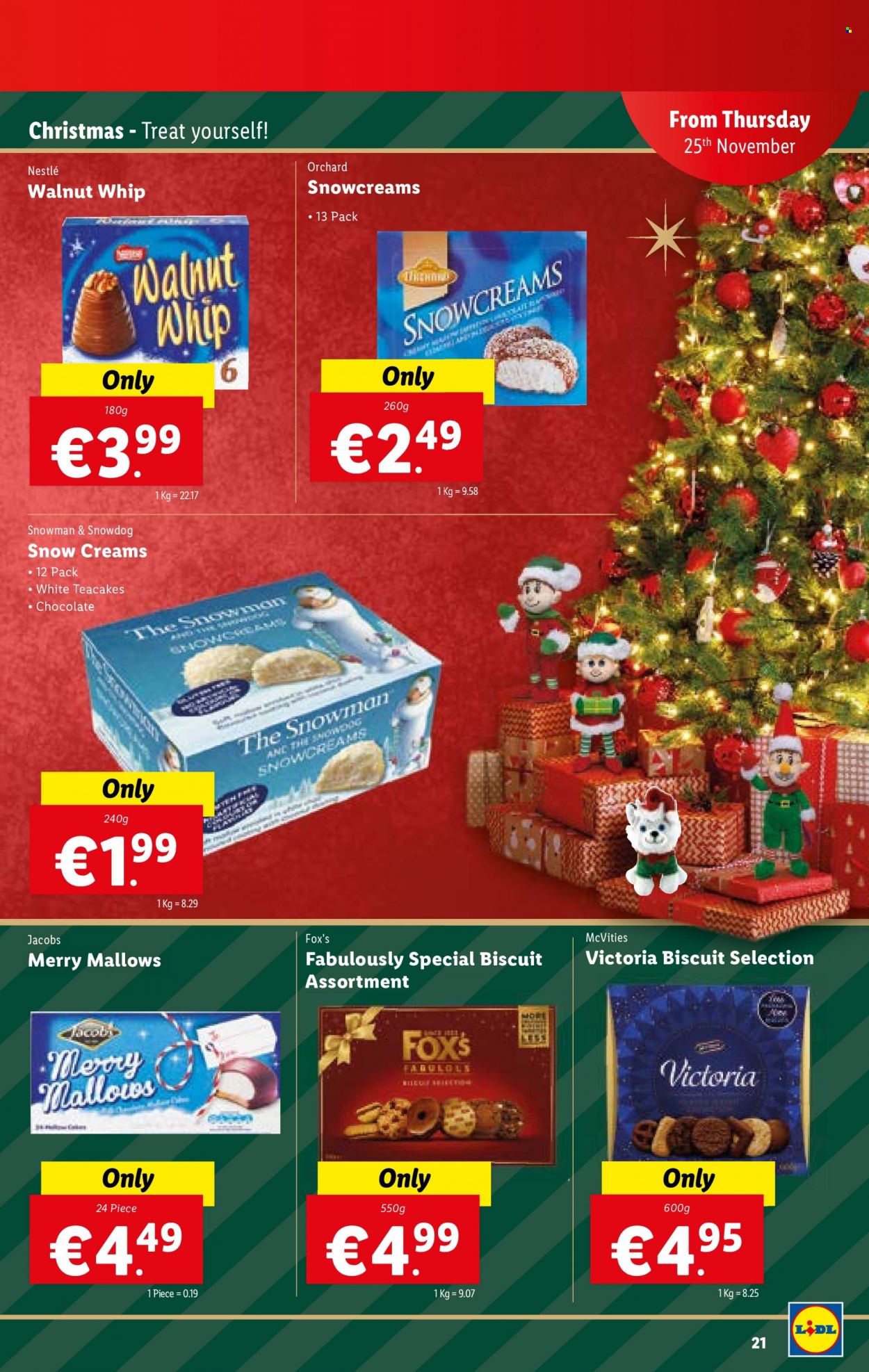 thumbnail - Lidl offer  - 25.11.2021 - 01.12.2021 - Sales products - marshmallows, Nestlé, chocolate, biscuit, Victoria Sponge, Jacobs. Page 21.