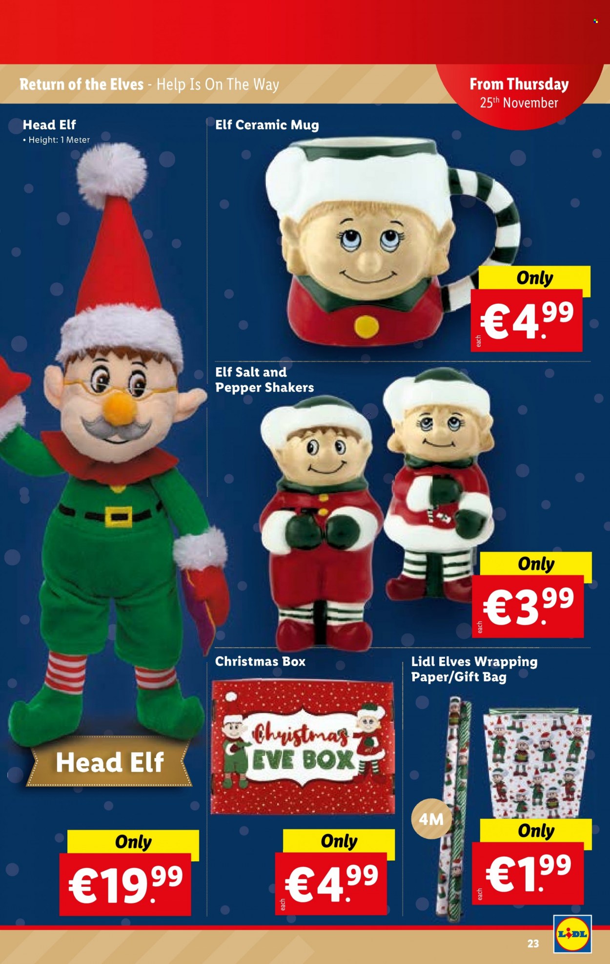 thumbnail - Lidl offer  - 25.11.2021 - 01.12.2021 - Sales products - Elf, pepper, ceramic mug, mug, gift bag, wrapping paper. Page 23.