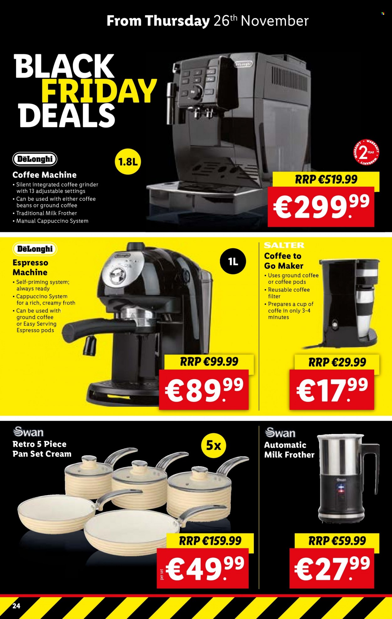 thumbnail - Lidl offer  - 25.11.2021 - 01.12.2021 - Sales products - cappuccino, coffee pods, coffee beans, ground coffee, pan, coffee grinder, coffee machine, De'Longhi, espresso maker, grinder, milk frother. Page 24.