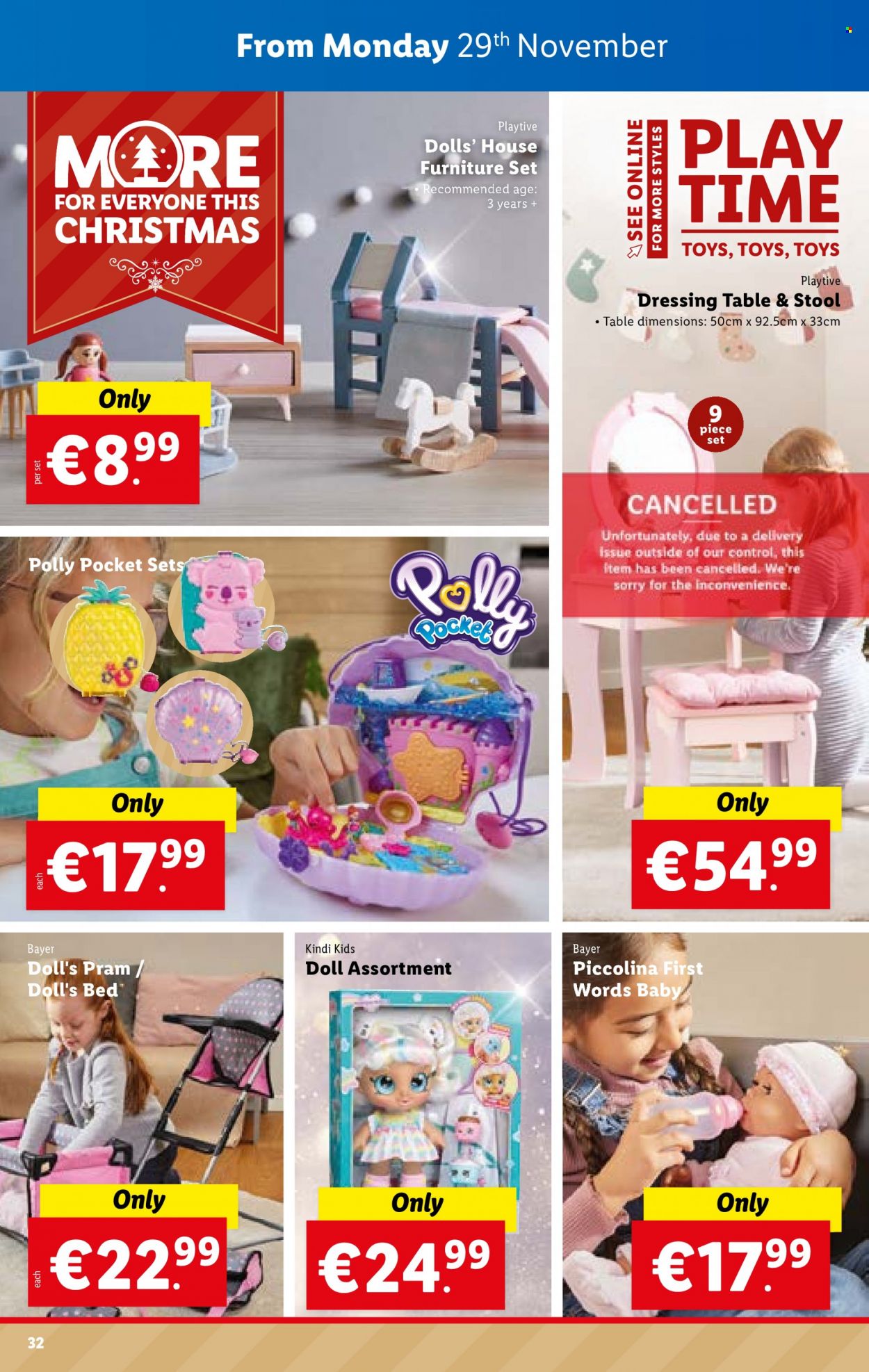 thumbnail - Lidl offer  - 25.11.2021 - 01.12.2021 - Sales products - table, stool, bed, dressing table, doll, toys, pram, Bayer. Page 32.