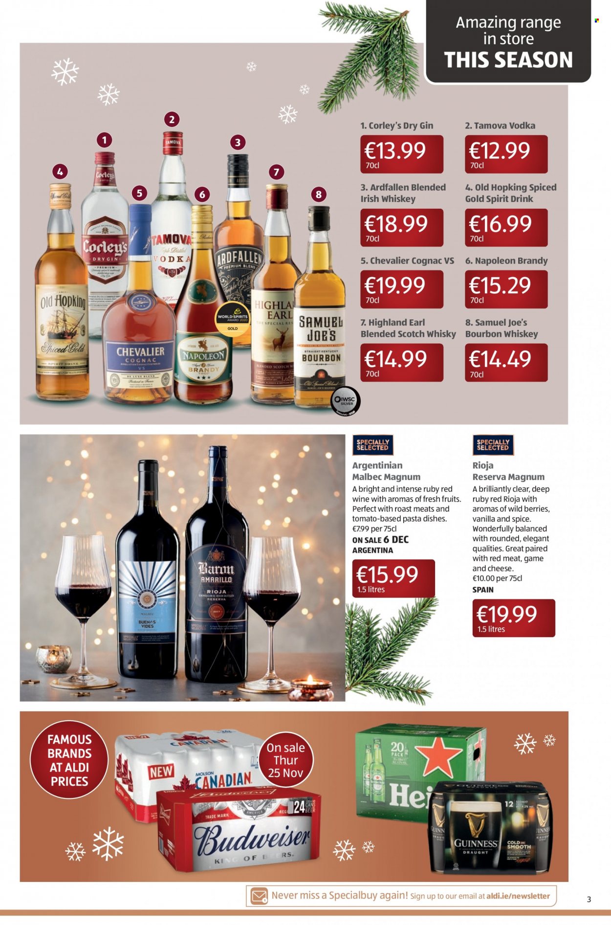 thumbnail - Aldi offer  - 25.11.2021 - 01.12.2021 - Sales products - pasta, pasta sides, Magnum, spice, red wine, wine, bourbon, brandy, cognac, gin, vodka, whiskey, irish whiskey, bourbon whiskey, scotch whisky, whisky. Page 5.